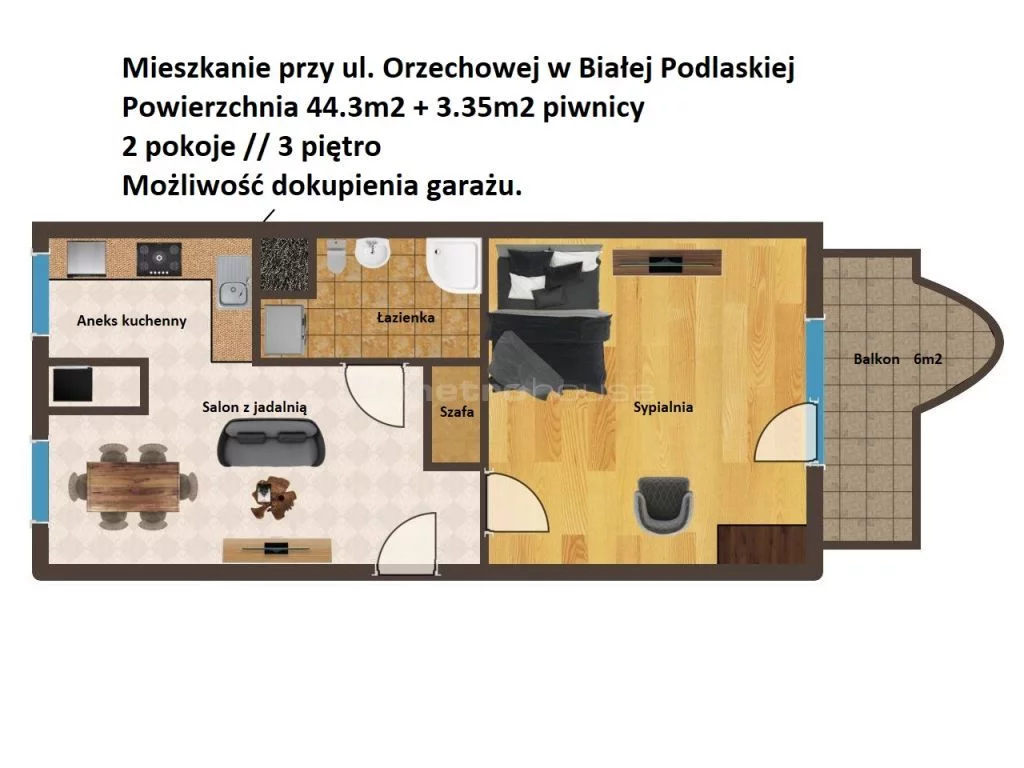 2 pokoje, mieszkanie 44,30 m², piętro 3, oferta nr , SMTUKA295, Biała Podlaska, Orzechowa