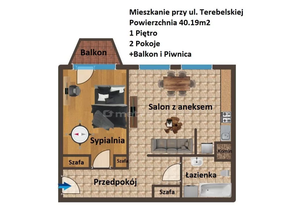 2 pokoje, mieszkanie 40,19 m², piętro 1, oferta nr , SMNATY828, Biała Podlaska, Terebelska