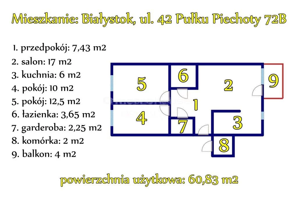 3 pokoje, mieszkanie 60,83 m², piętro 1, oferta nr , SMSILY308, Białystok, 42 Pułku Piechoty