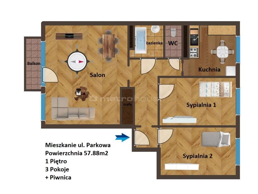 3 pokoje, mieszkanie 57,88 m², piętro 1, oferta nr , SMKOPO759, Biała Podlaska, Parkowa