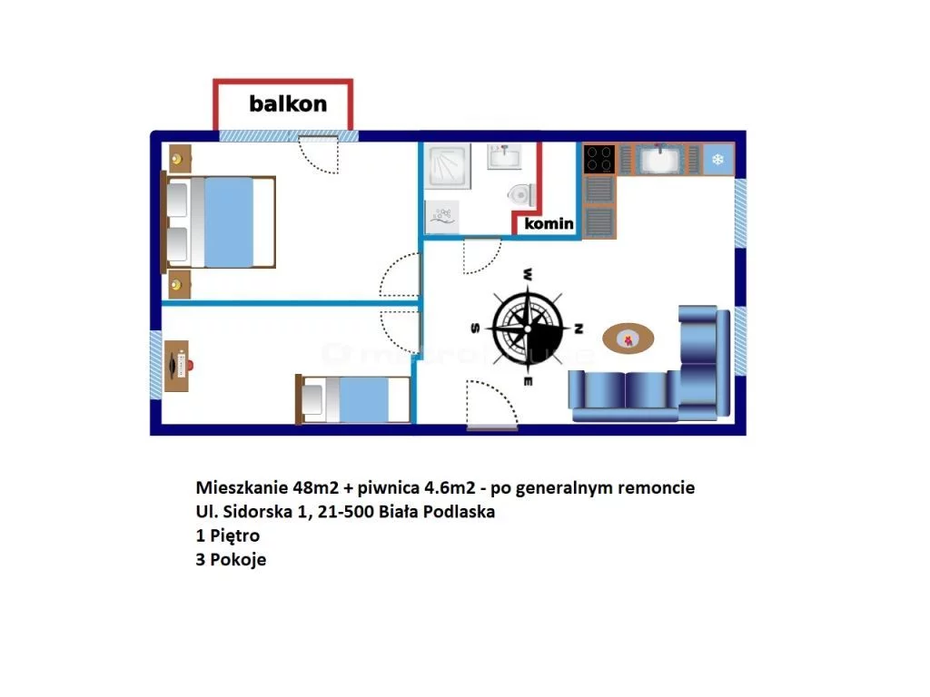 3 pokoje, mieszkanie 48,00 m², piętro 1, oferta nr , SMMEBO702, Biała Podlaska, Sidorska