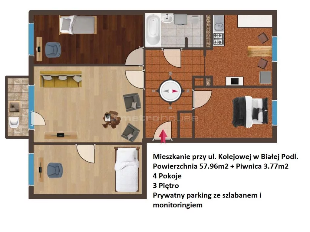 4 pokoje, mieszkanie 57,96 m², piętro 3, oferta nr , SMZOVE910, Biała Podlaska, Kolejowa