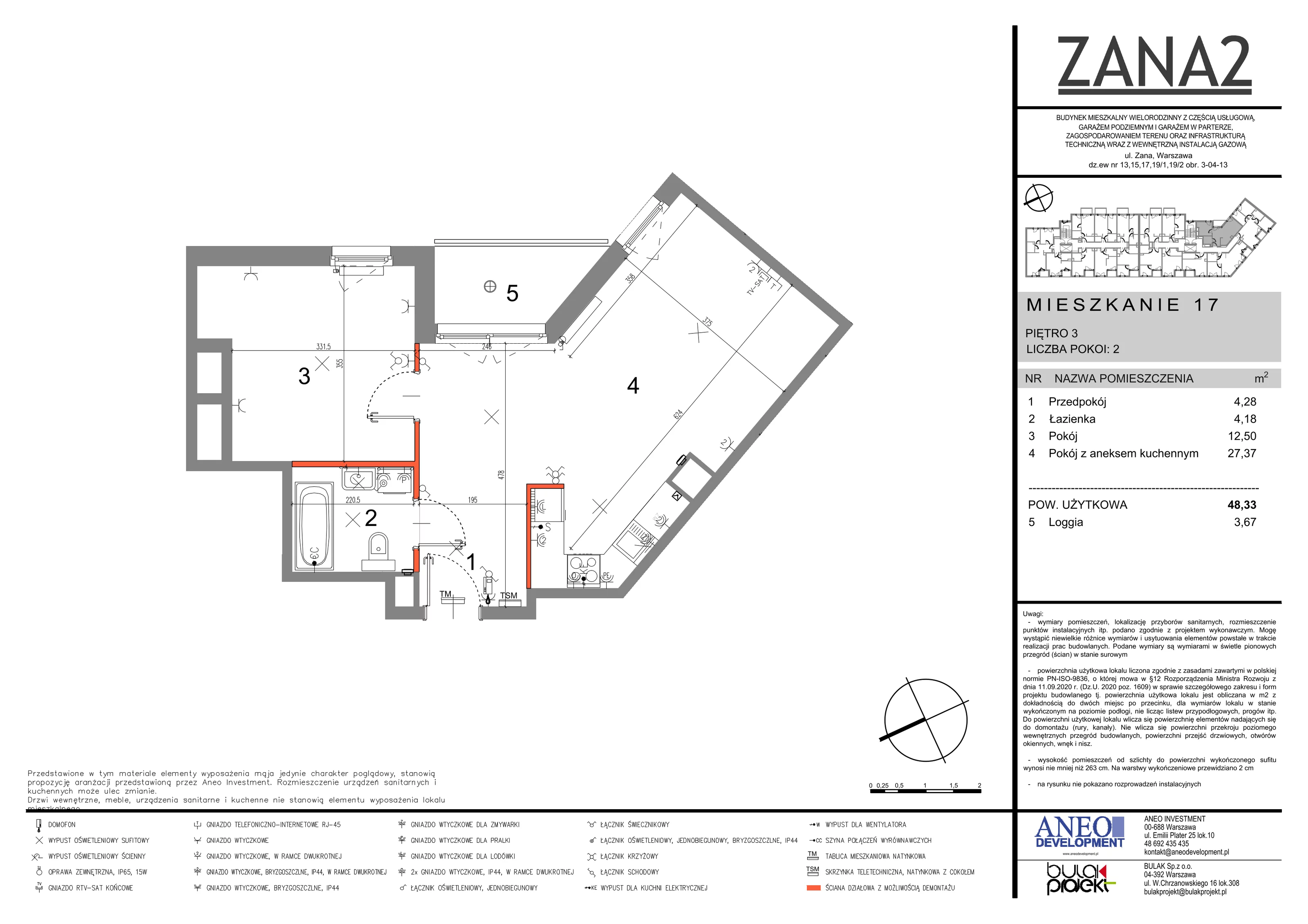 2 pokoje, mieszkanie 48,33 m², piętro 3, oferta nr 17, Zana 2, Warszawa, Praga Południe, Gocławek, ul. Tomasza Zana
