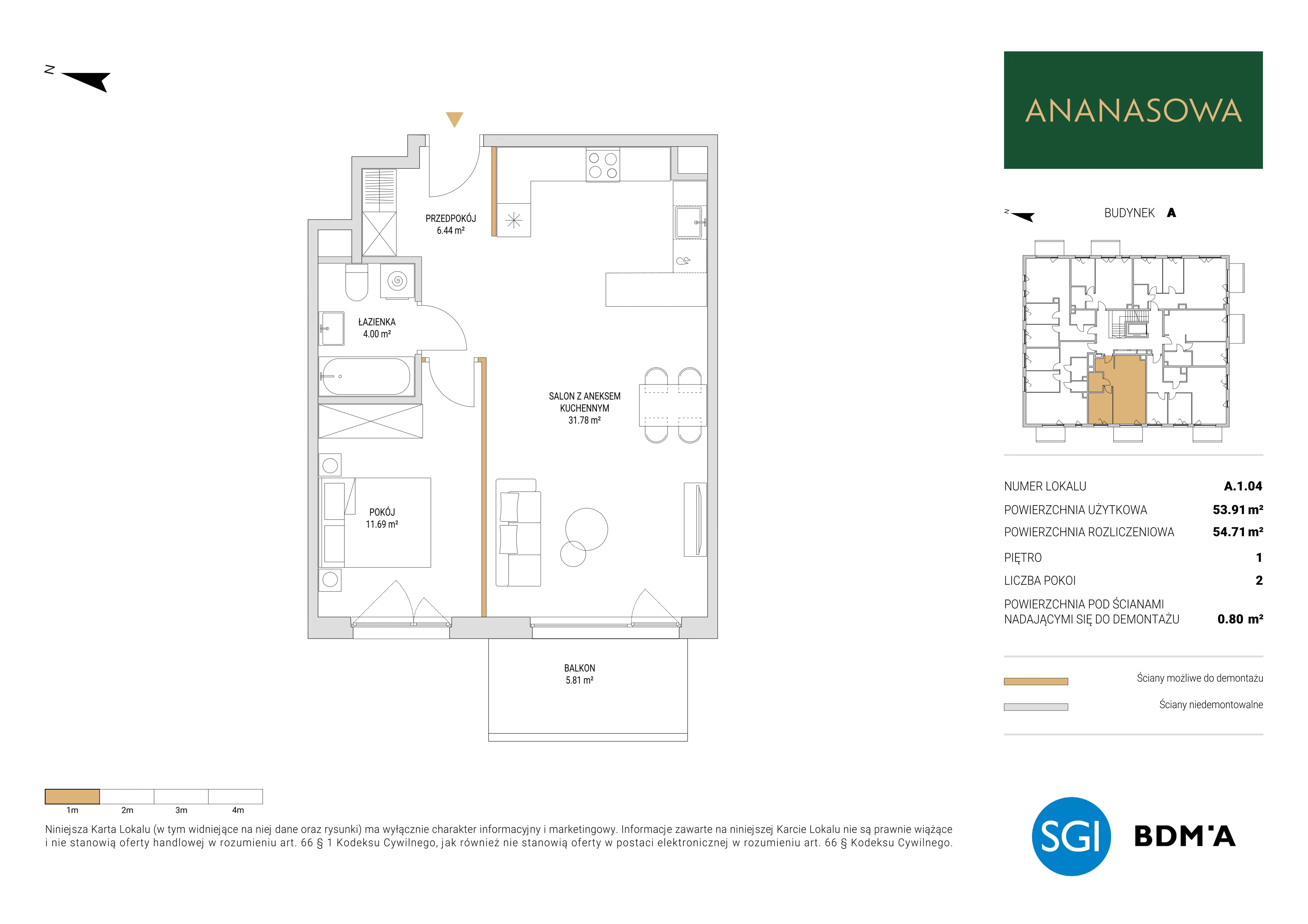 2 pokoje, mieszkanie 54,71 m², piętro 1, oferta nr A.1.04, Ananasowa, Warszawa, Mokotów, Siekierki, ul. Ananasowa
