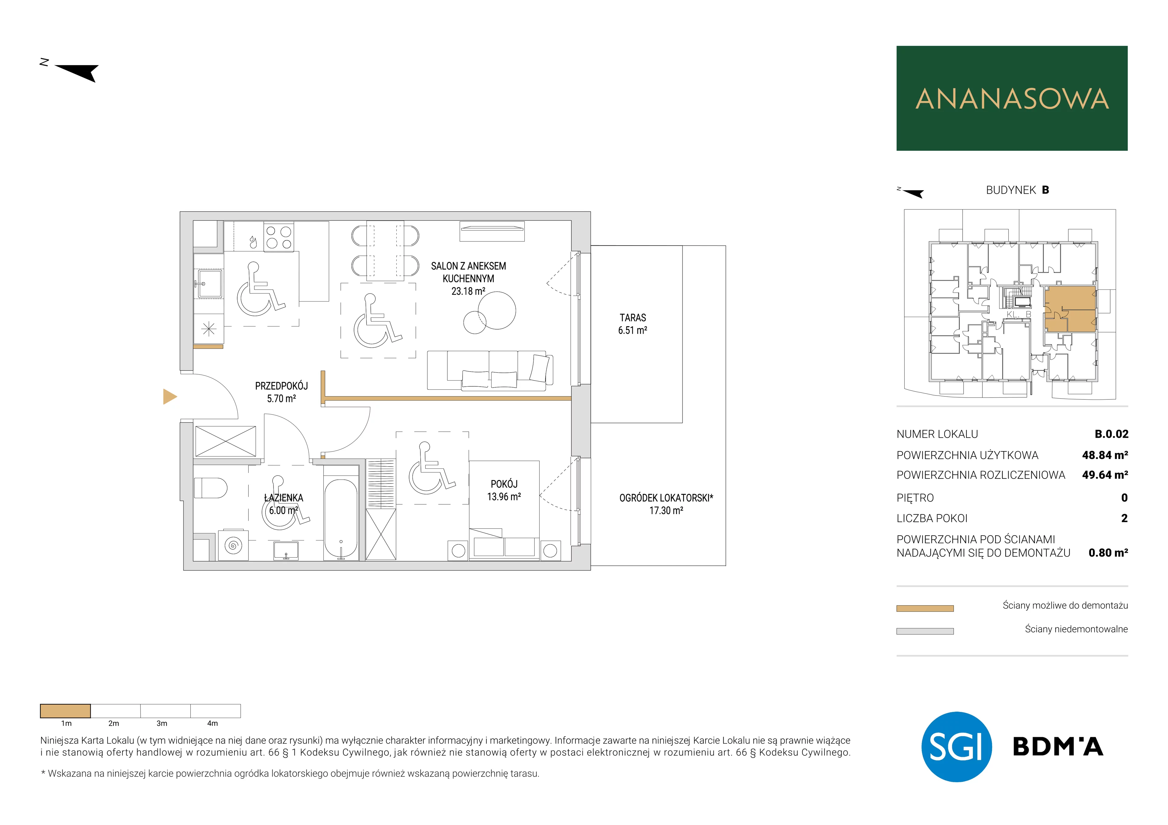 2 pokoje, mieszkanie 49,64 m², parter, oferta nr B.0.02, Ananasowa, Warszawa, Mokotów, Siekierki, ul. Ananasowa