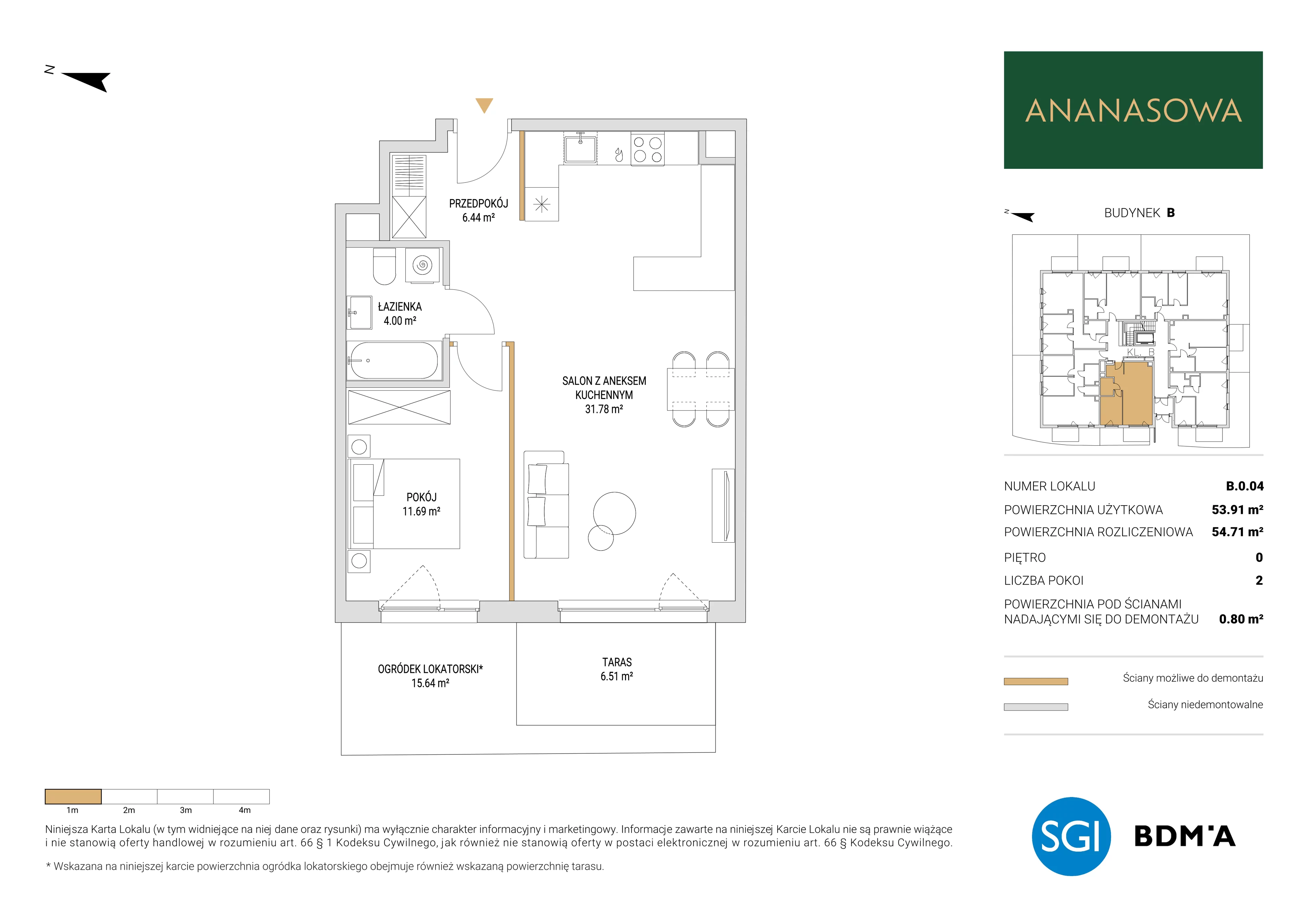 2 pokoje, mieszkanie 54,71 m², parter, oferta nr B.0.04, Ananasowa, Warszawa, Mokotów, Siekierki, ul. Ananasowa