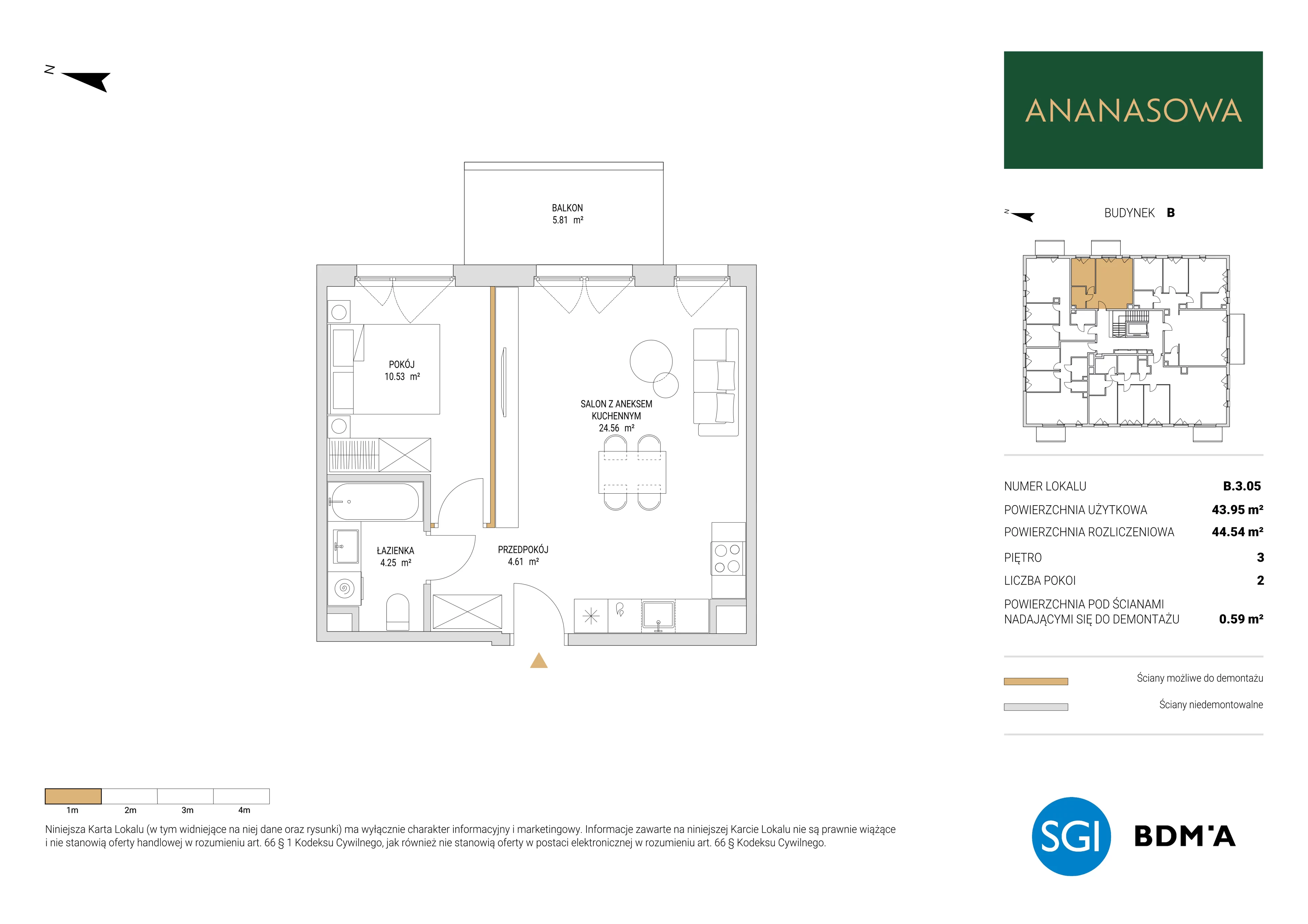 2 pokoje, mieszkanie 44,54 m², piętro 3, oferta nr B.3.05, Ananasowa, Warszawa, Mokotów, Siekierki, ul. Ananasowa
