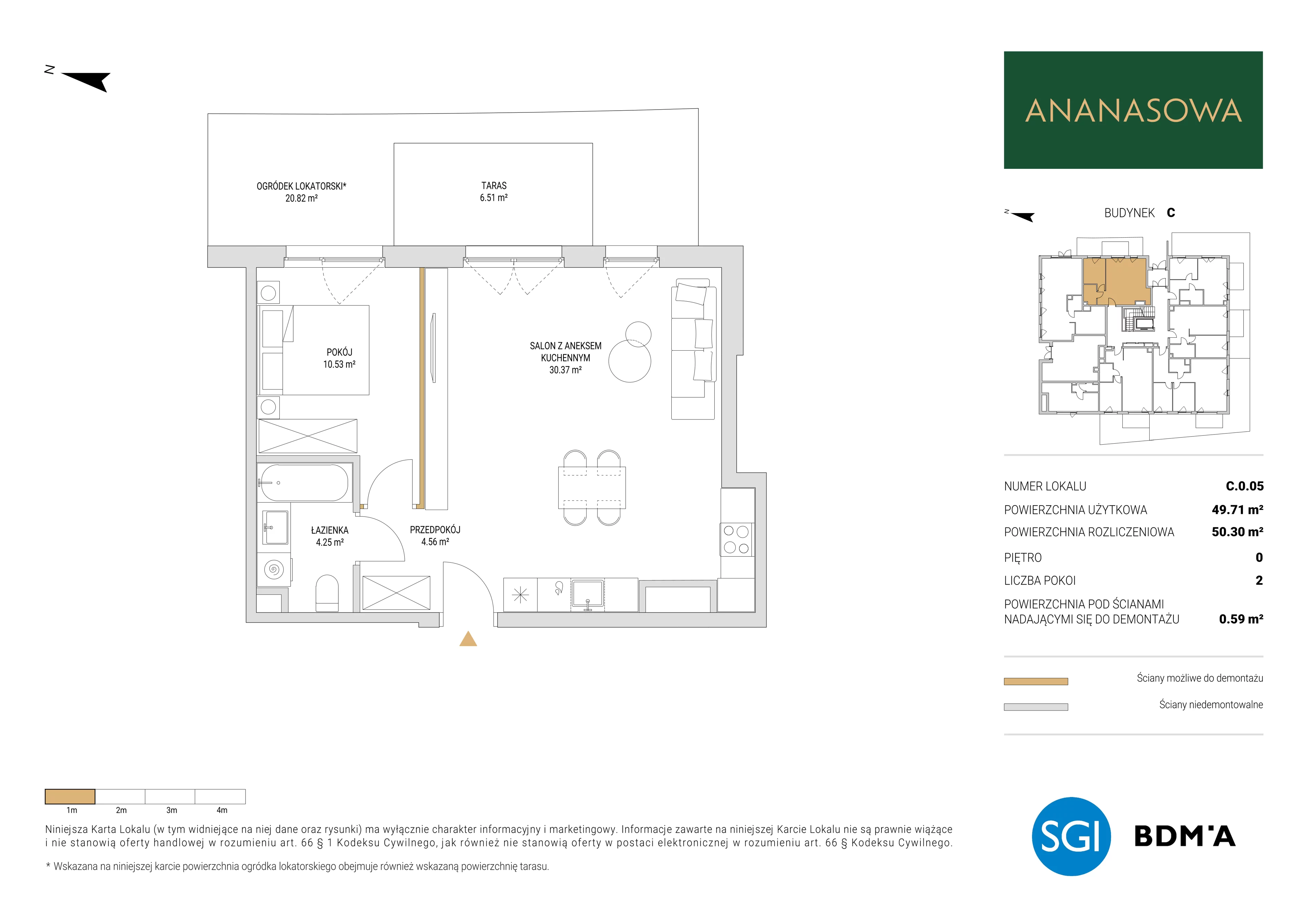 2 pokoje, mieszkanie 50,30 m², parter, oferta nr C.0.05, Ananasowa, Warszawa, Mokotów, Siekierki, ul. Ananasowa