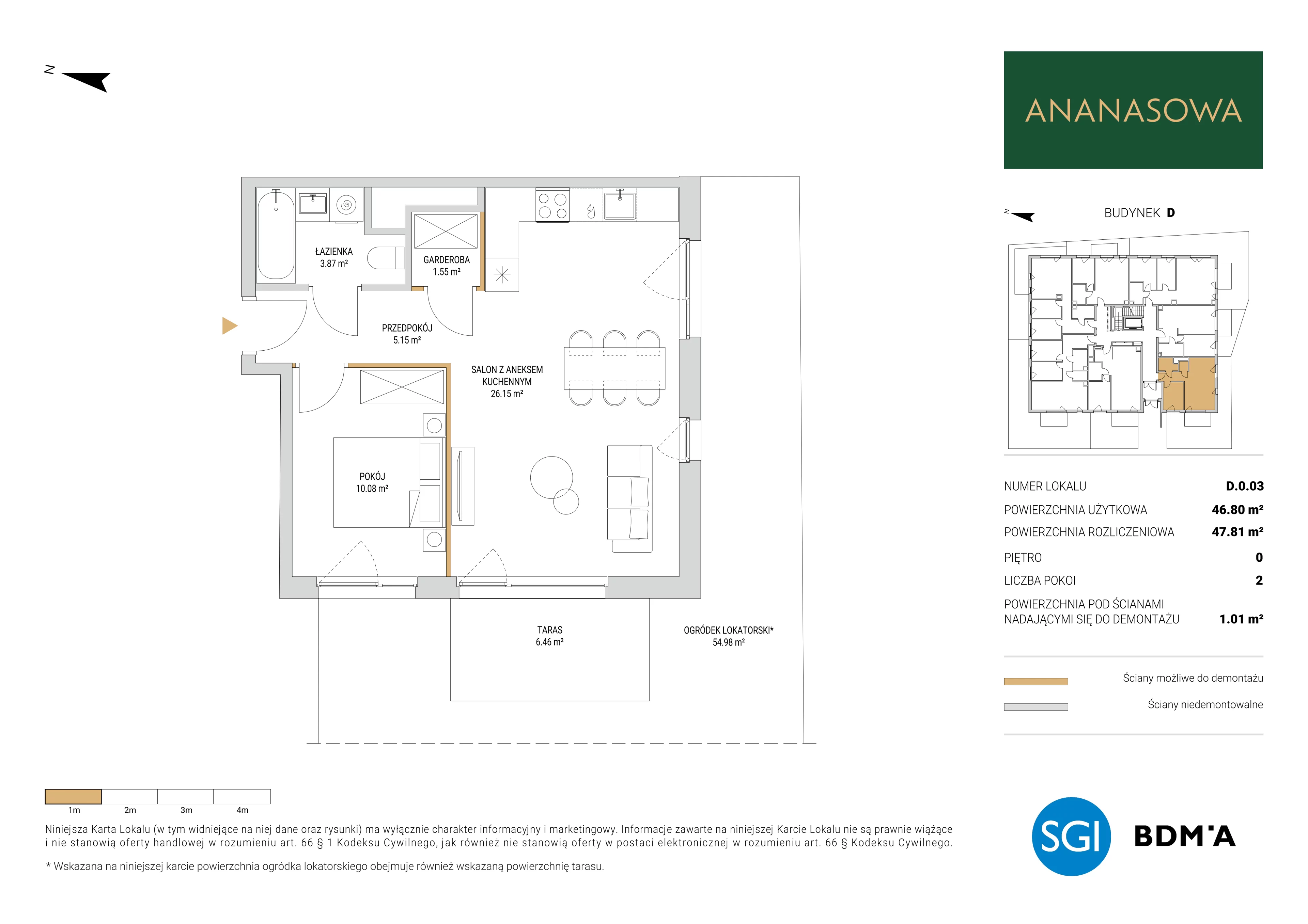 2 pokoje, mieszkanie 47,81 m², parter, oferta nr D.0.03, Ananasowa, Warszawa, Mokotów, Siekierki, ul. Ananasowa