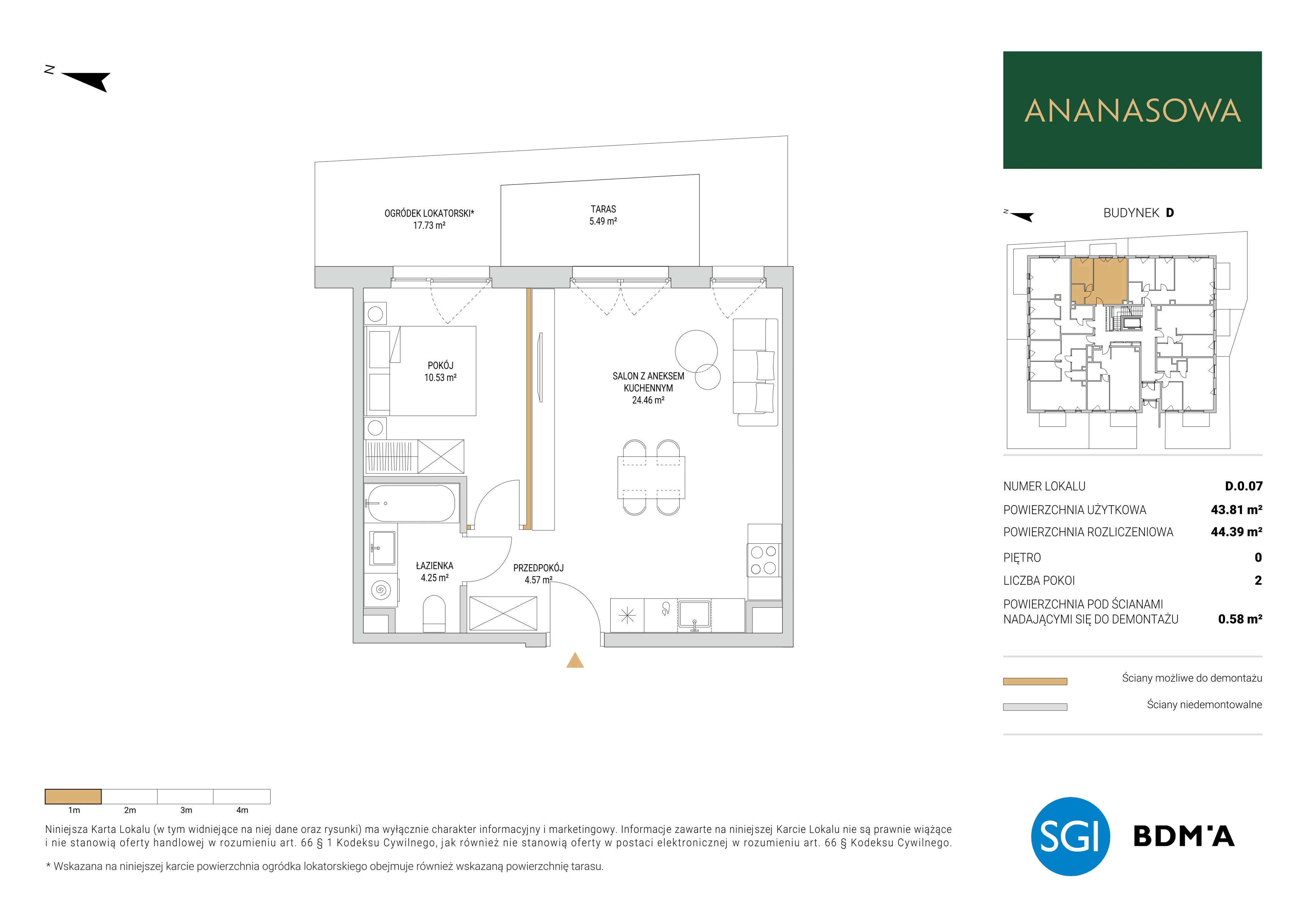 2 pokoje, mieszkanie 44,39 m², parter, oferta nr D.0.07, Ananasowa, Warszawa, Mokotów, Siekierki, ul. Ananasowa