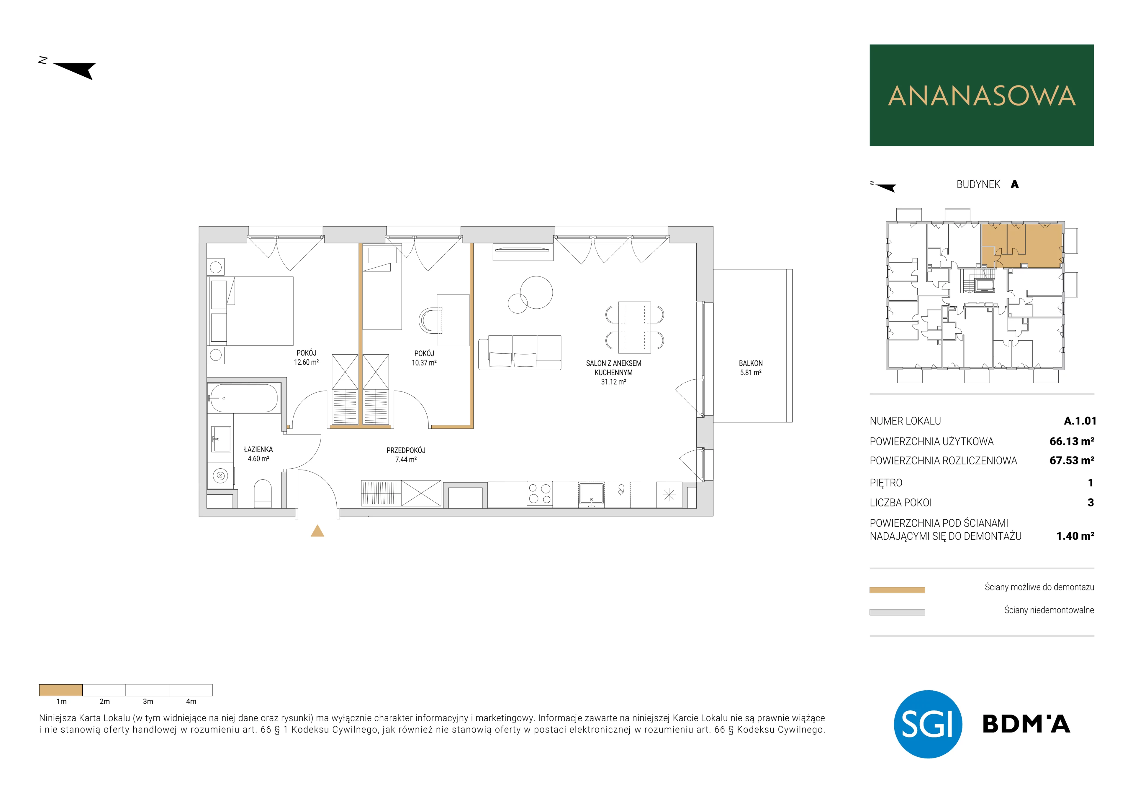 3 pokoje, mieszkanie 67,53 m², piętro 1, oferta nr A.1.01, Ananasowa, Warszawa, Mokotów, Siekierki, ul. Ananasowa