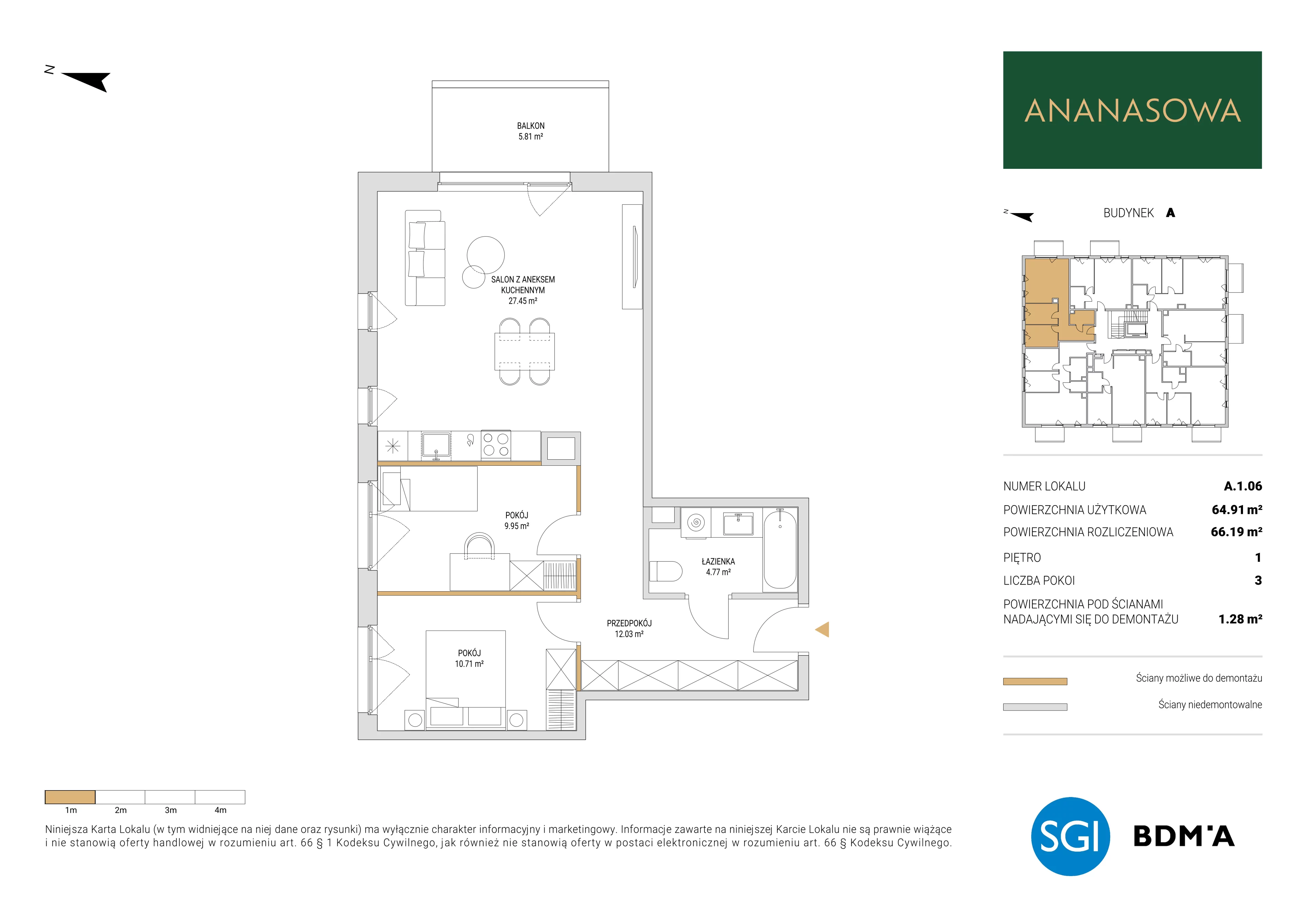 3 pokoje, mieszkanie 66,19 m², piętro 1, oferta nr A.1.06, Ananasowa, Warszawa, Mokotów, Siekierki, ul. Ananasowa