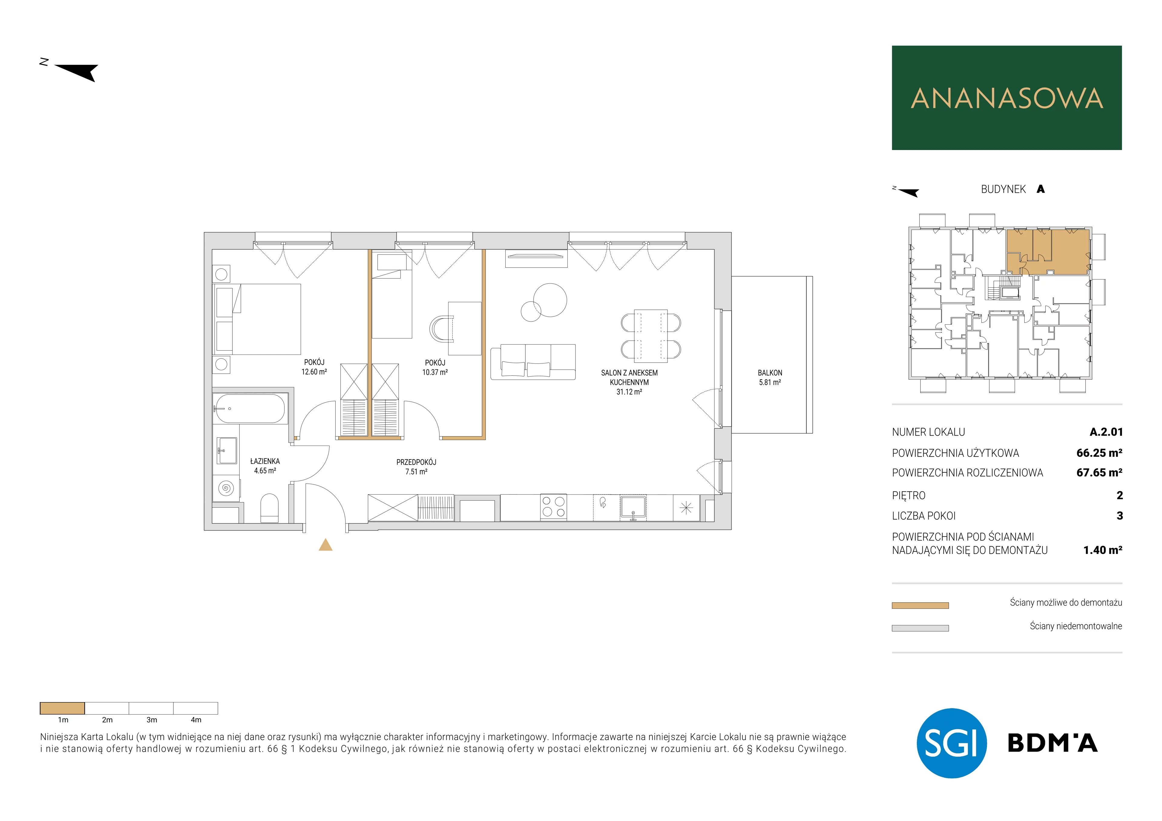 3 pokoje, mieszkanie 67,65 m², piętro 2, oferta nr A.2.01, Ananasowa, Warszawa, Mokotów, Siekierki, ul. Ananasowa