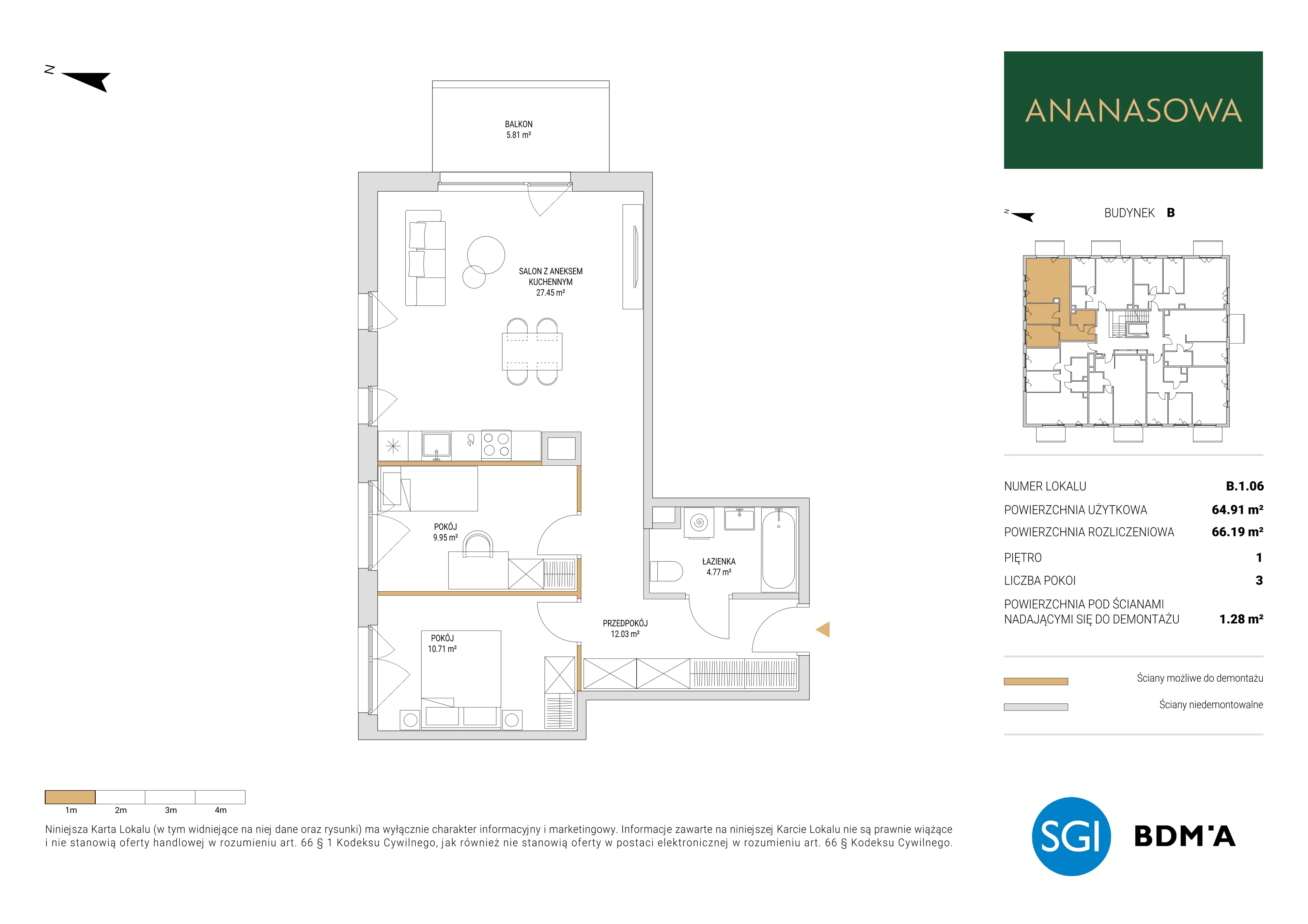 3 pokoje, mieszkanie 66,19 m², piętro 1, oferta nr B.1.06, Ananasowa, Warszawa, Mokotów, Siekierki, ul. Ananasowa