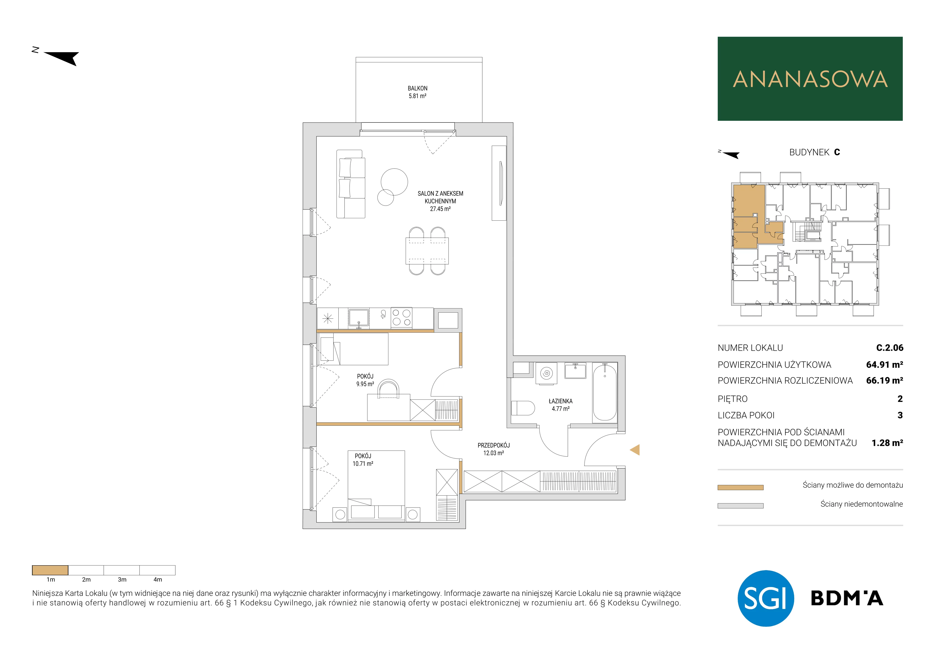 3 pokoje, mieszkanie 66,19 m², piętro 2, oferta nr C.2.06, Ananasowa, Warszawa, Mokotów, Siekierki, ul. Ananasowa