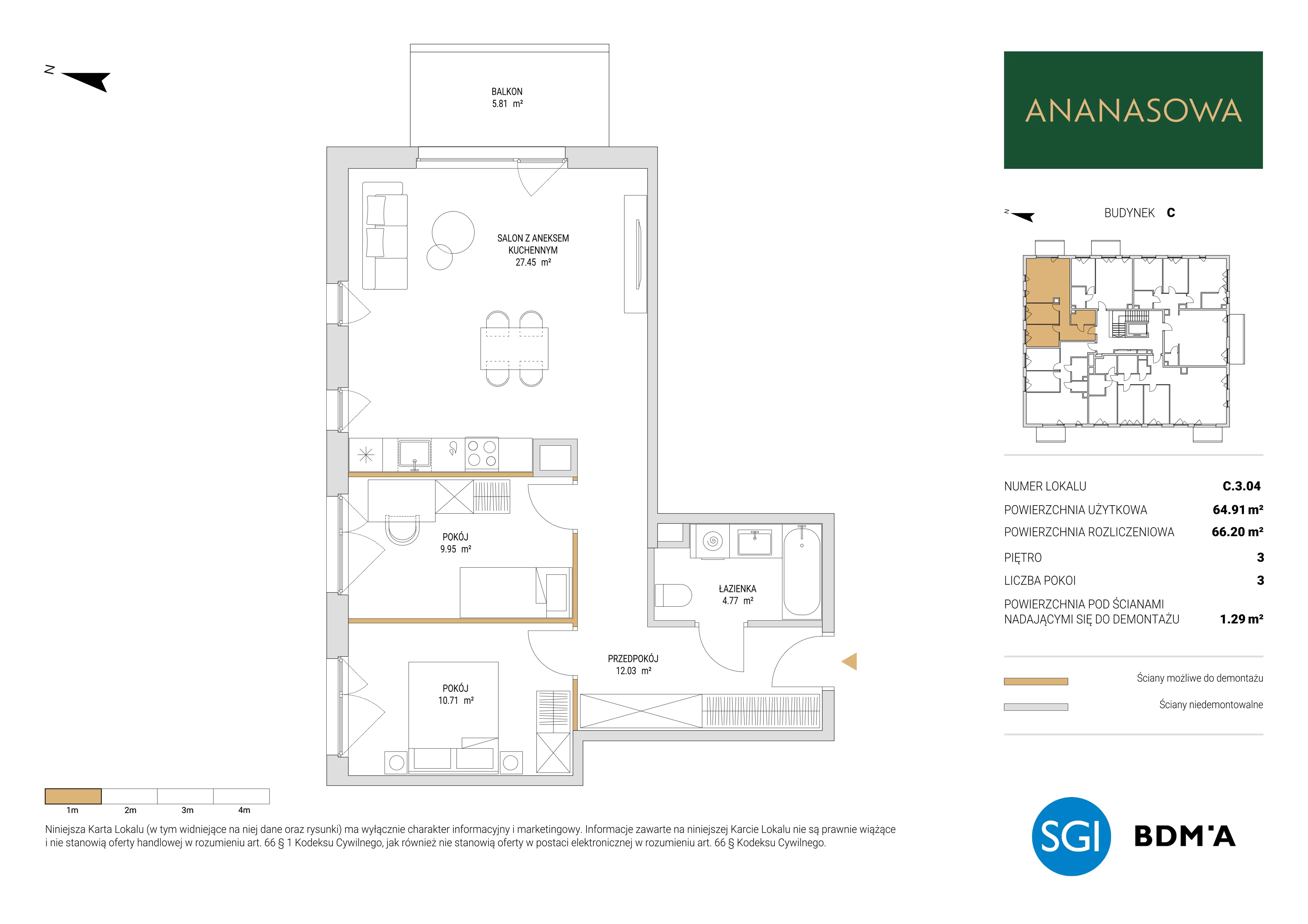 3 pokoje, mieszkanie 66,20 m², piętro 3, oferta nr C.3.04, Ananasowa, Warszawa, Mokotów, Siekierki, ul. Ananasowa