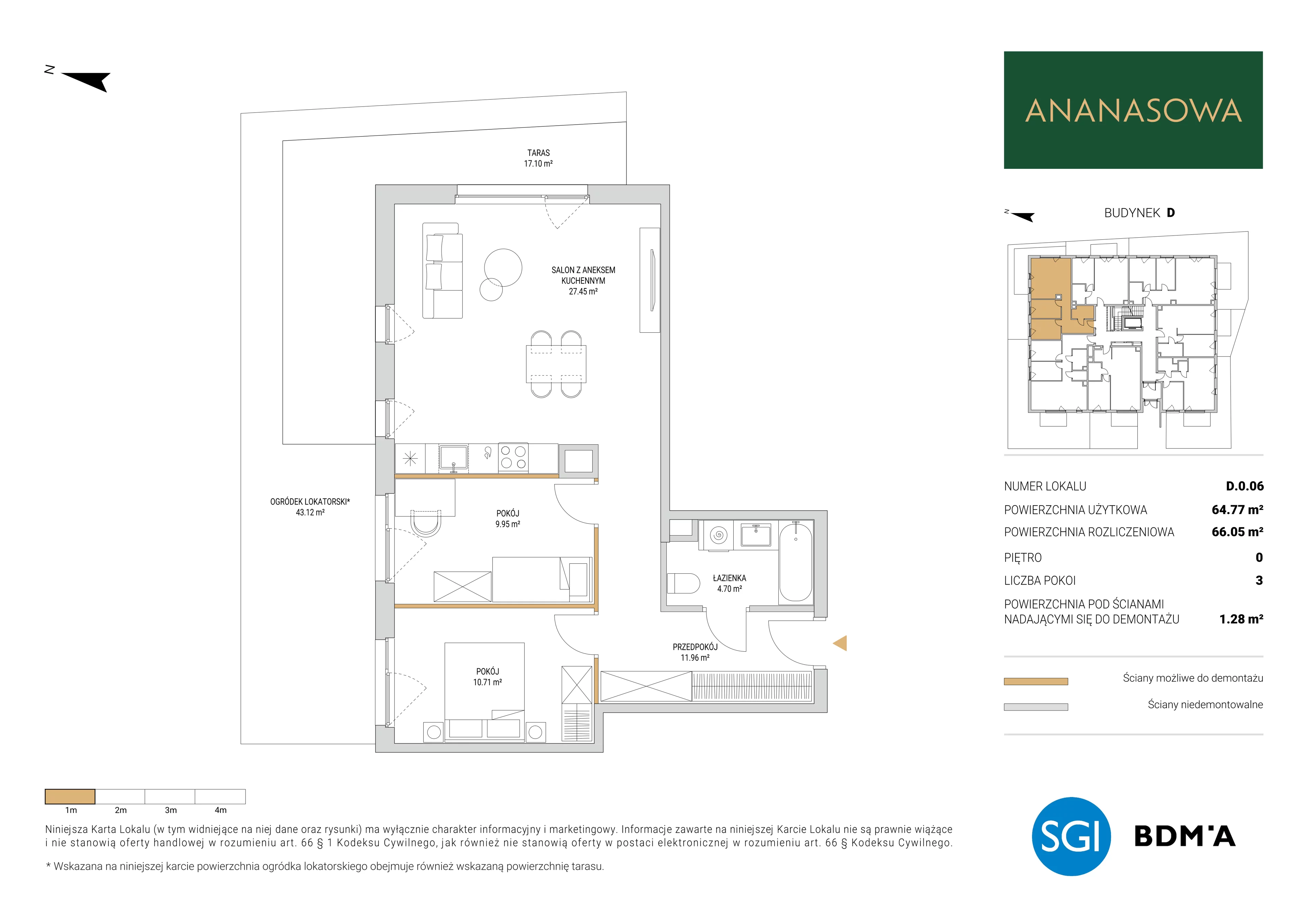 3 pokoje, mieszkanie 66,05 m², parter, oferta nr D.0.06, Ananasowa, Warszawa, Mokotów, Siekierki, ul. Ananasowa