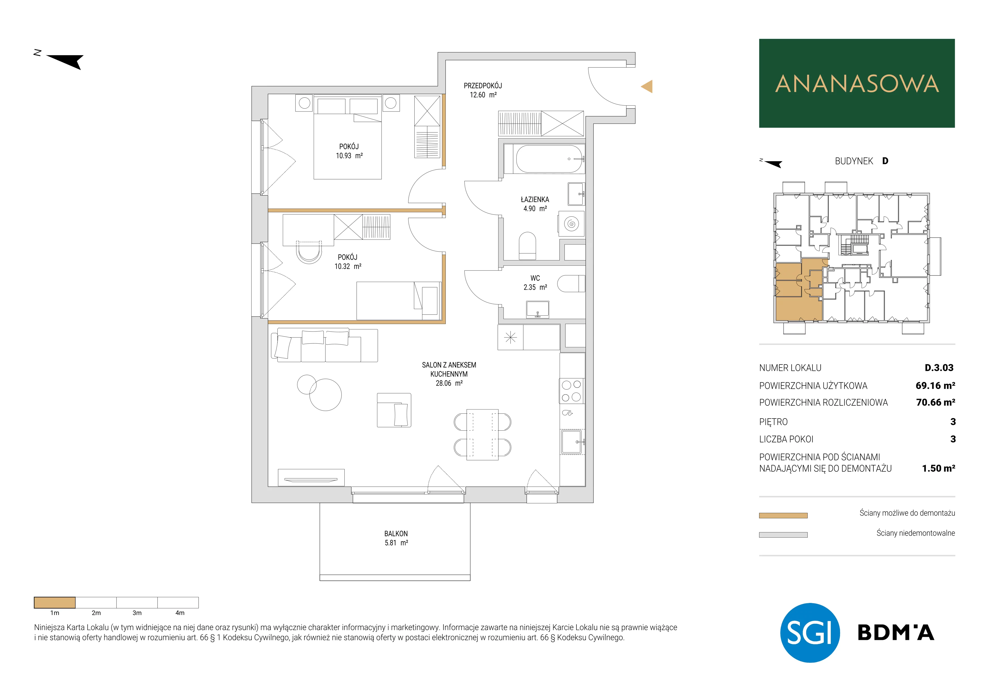 3 pokoje, mieszkanie 70,66 m², piętro 3, oferta nr D.3.03, Ananasowa, Warszawa, Mokotów, Siekierki, ul. Ananasowa