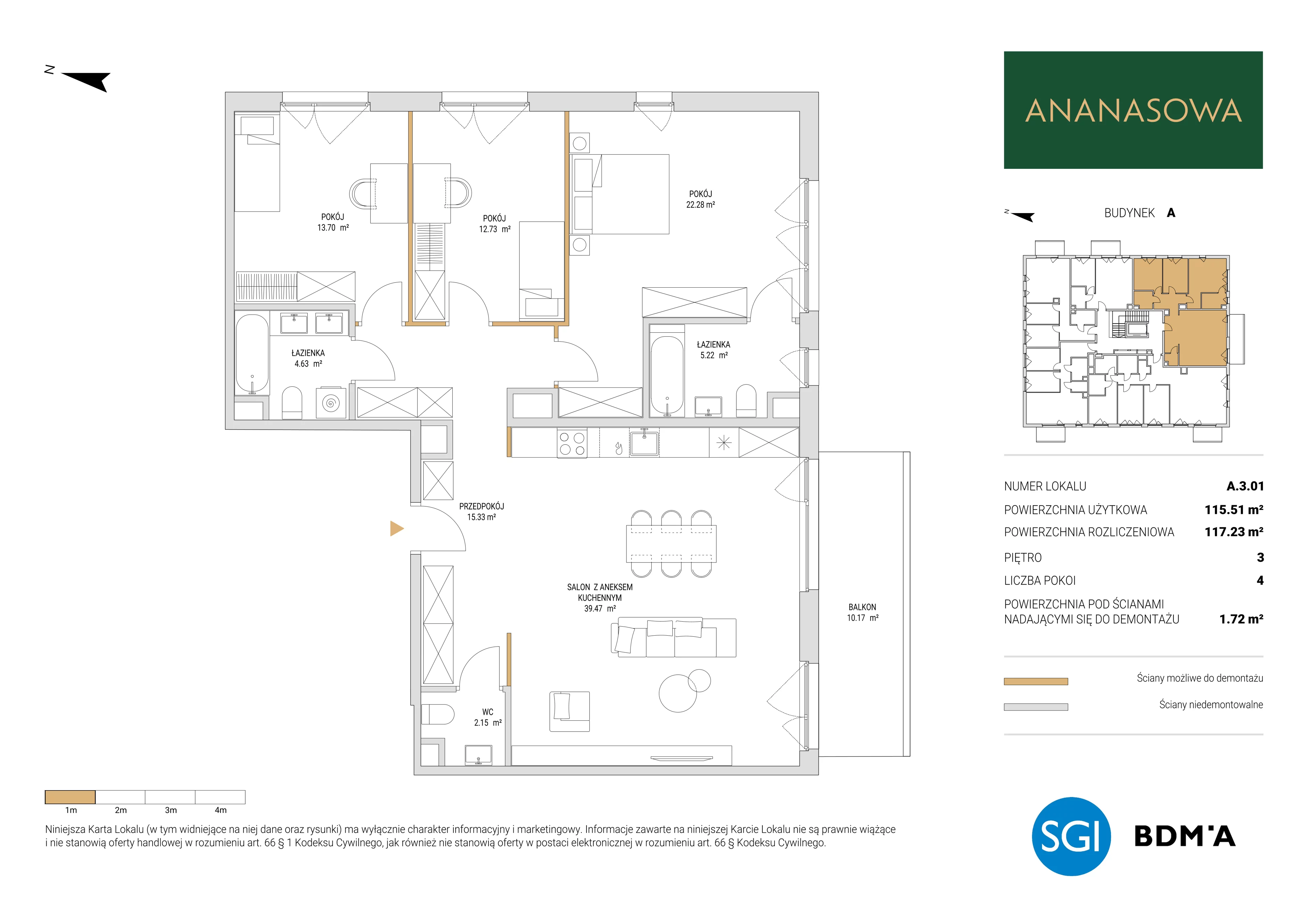 4 pokoje, mieszkanie 117,23 m², piętro 3, oferta nr A.3.01, Ananasowa, Warszawa, Mokotów, Siekierki, ul. Ananasowa