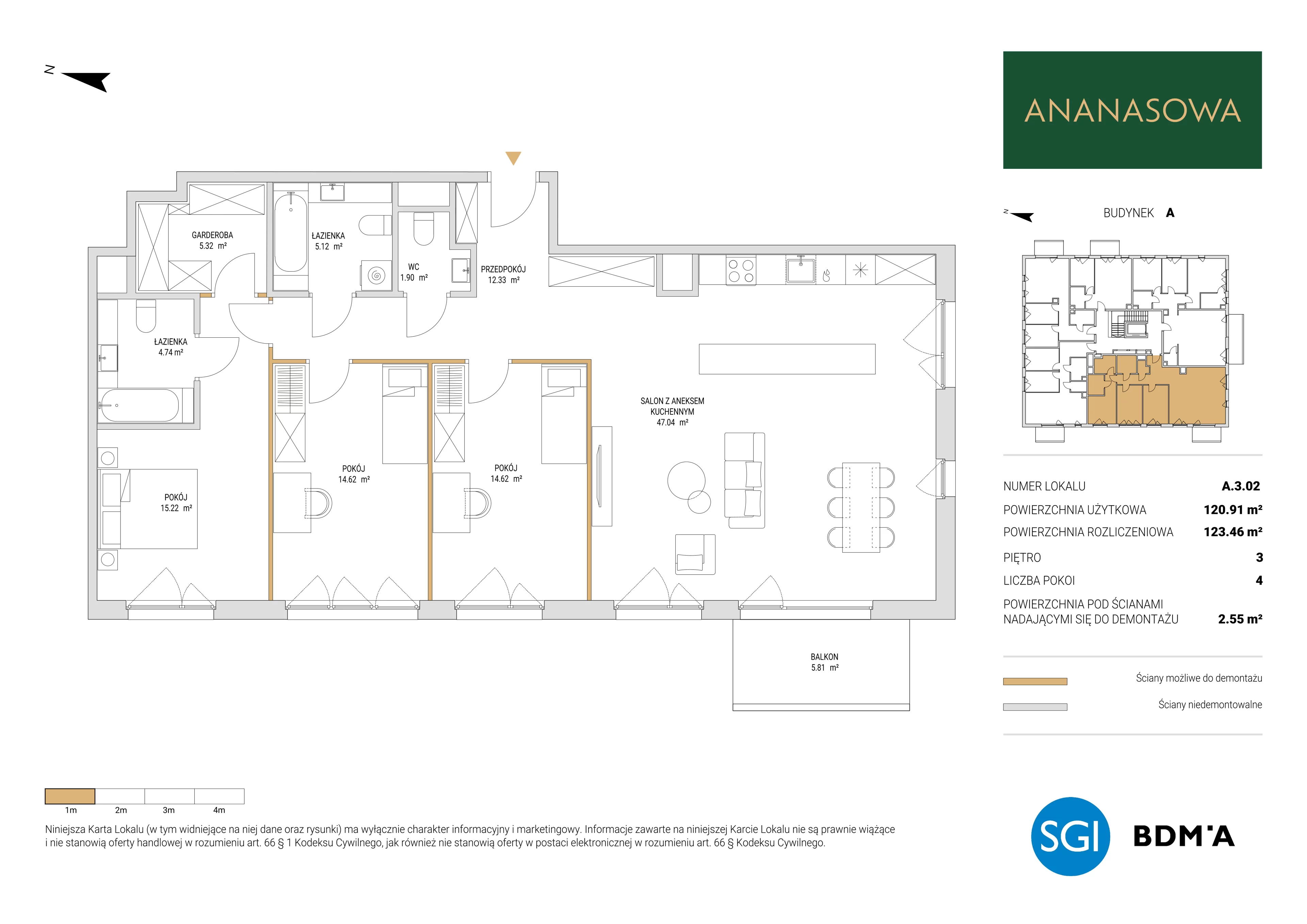 4 pokoje, mieszkanie 123,46 m², piętro 3, oferta nr A.3.02, Ananasowa, Warszawa, Mokotów, Siekierki, ul. Ananasowa