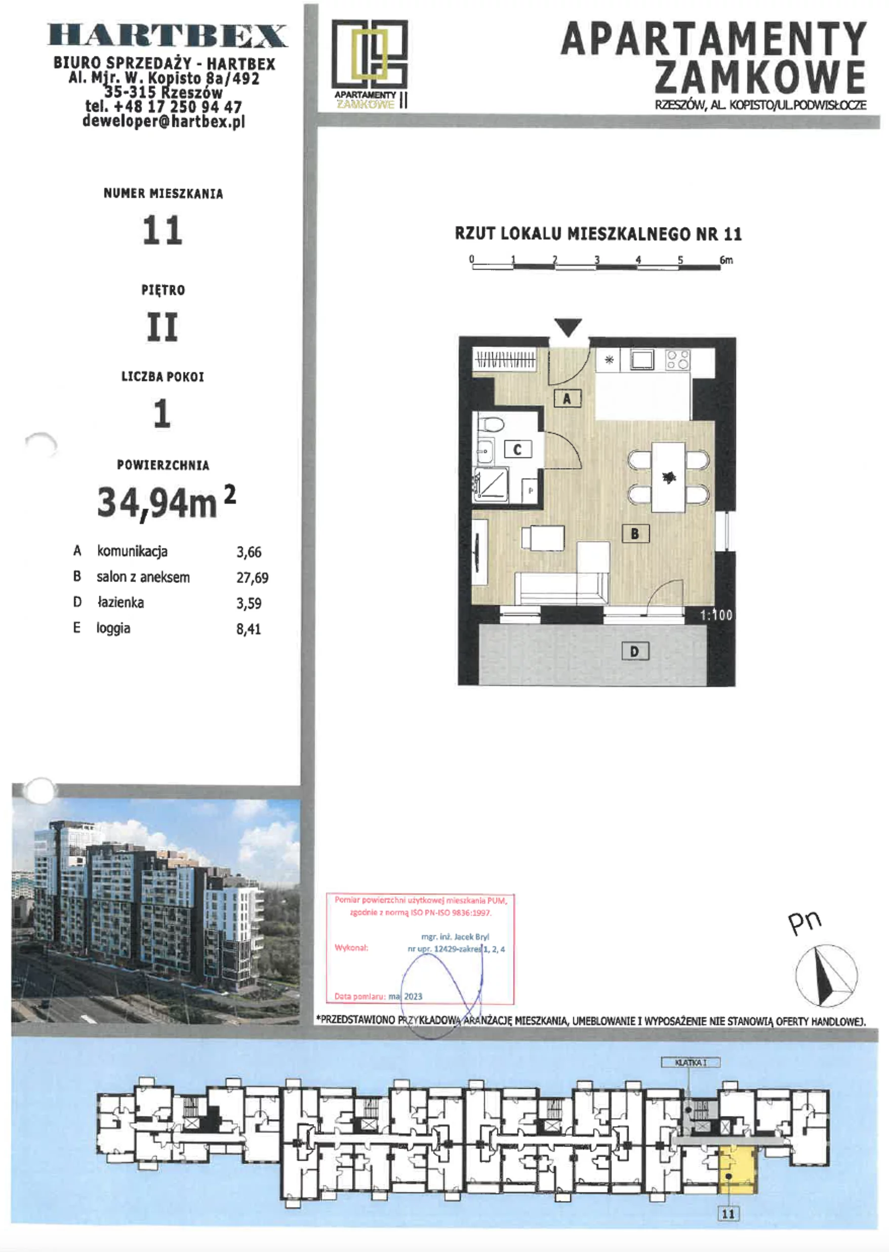 Mieszkanie 34,94 m², piętro 11, oferta nr 11, Apartamenty Zamkowe II, Rzeszów, Nowe Miasto, al. mjr W. Kopisto 11