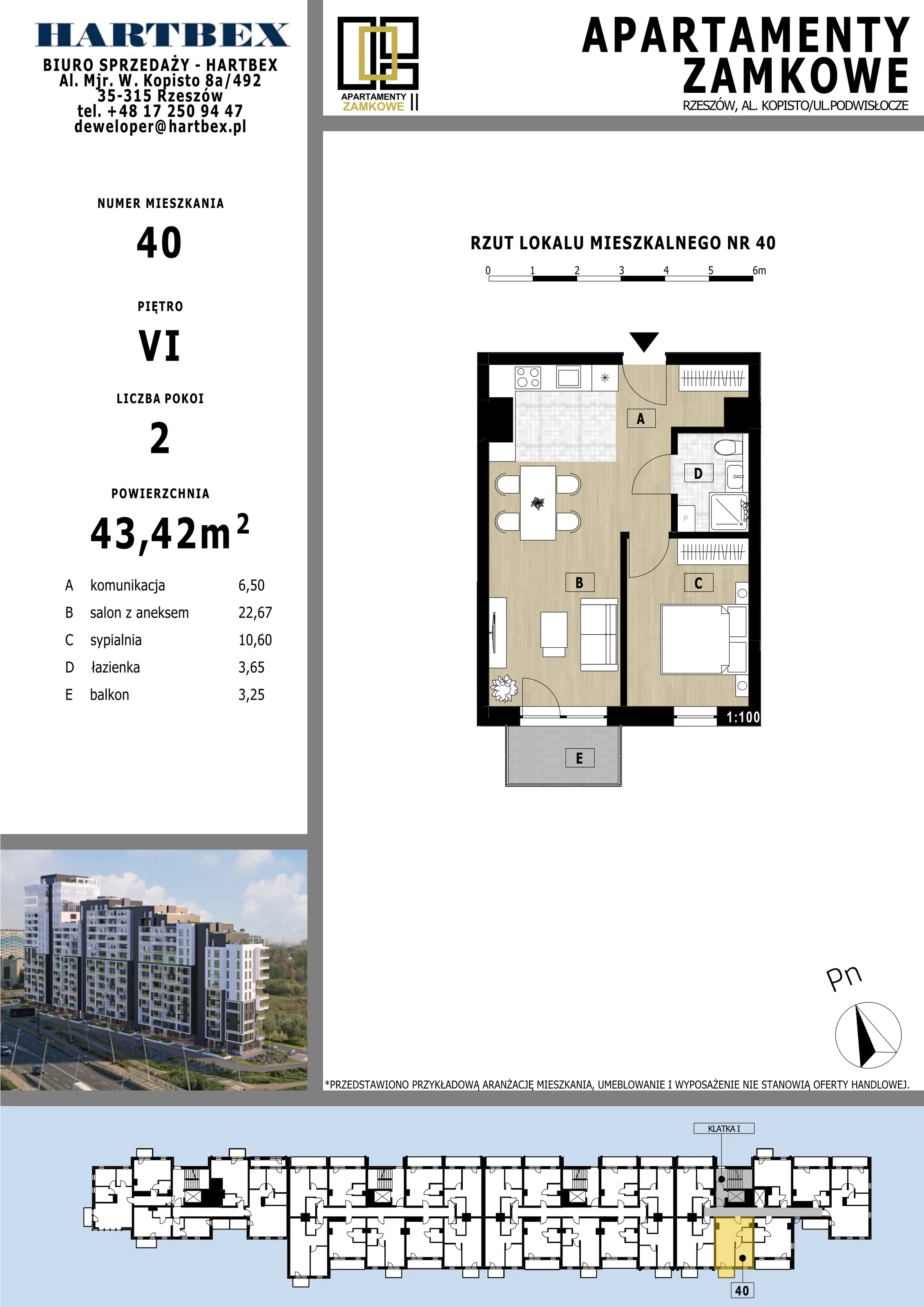 Mieszkanie 43,42 m², piętro 6, oferta nr 40, Apartamenty Zamkowe II, Rzeszów, Nowe Miasto, al. mjr W. Kopisto 11