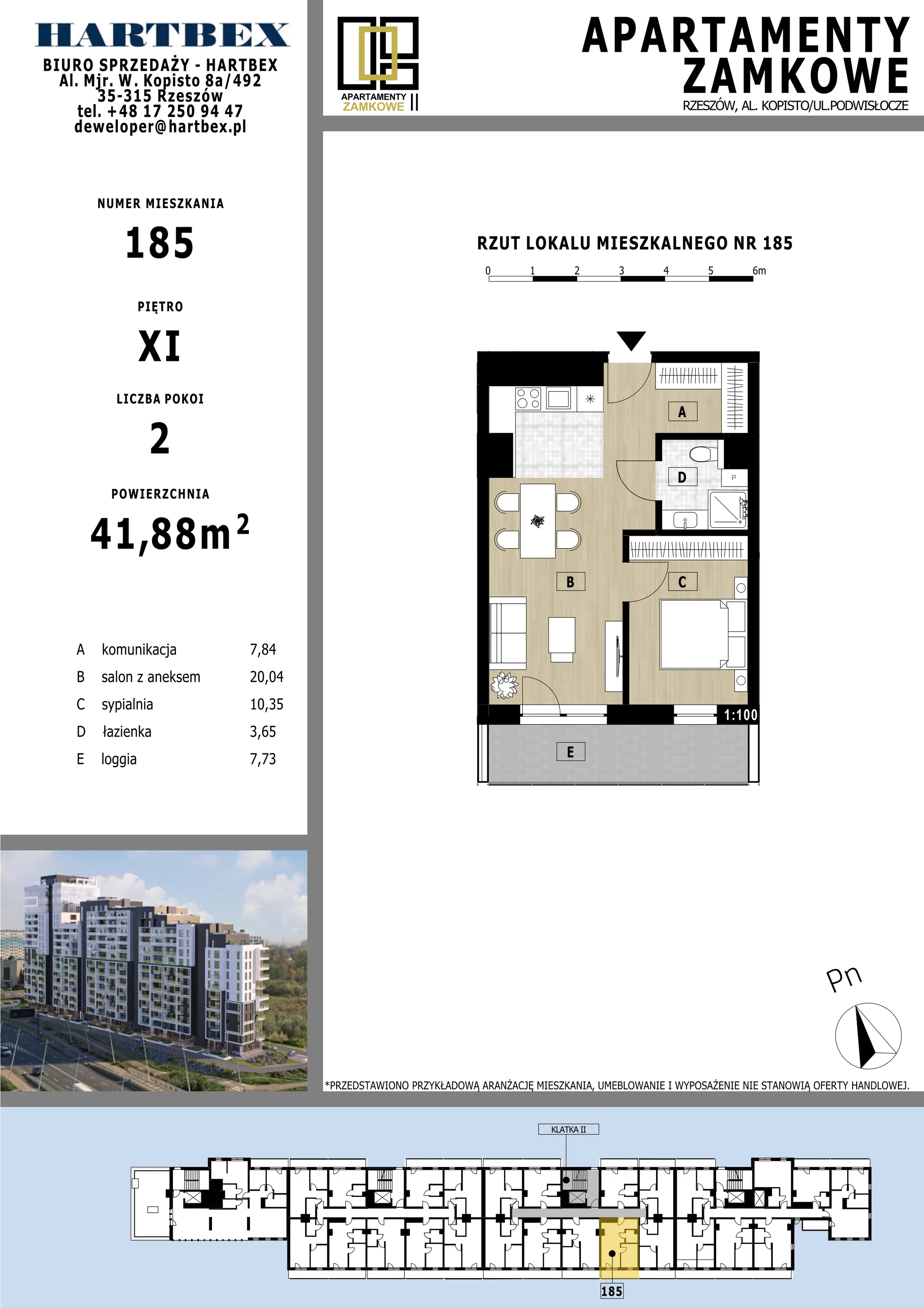 2 pokoje, mieszkanie 41,88 m², piętro 9, oferta nr 185, Apartamenty Zamkowe II, Rzeszów, Nowe Miasto, al. mjr W. Kopisto 11