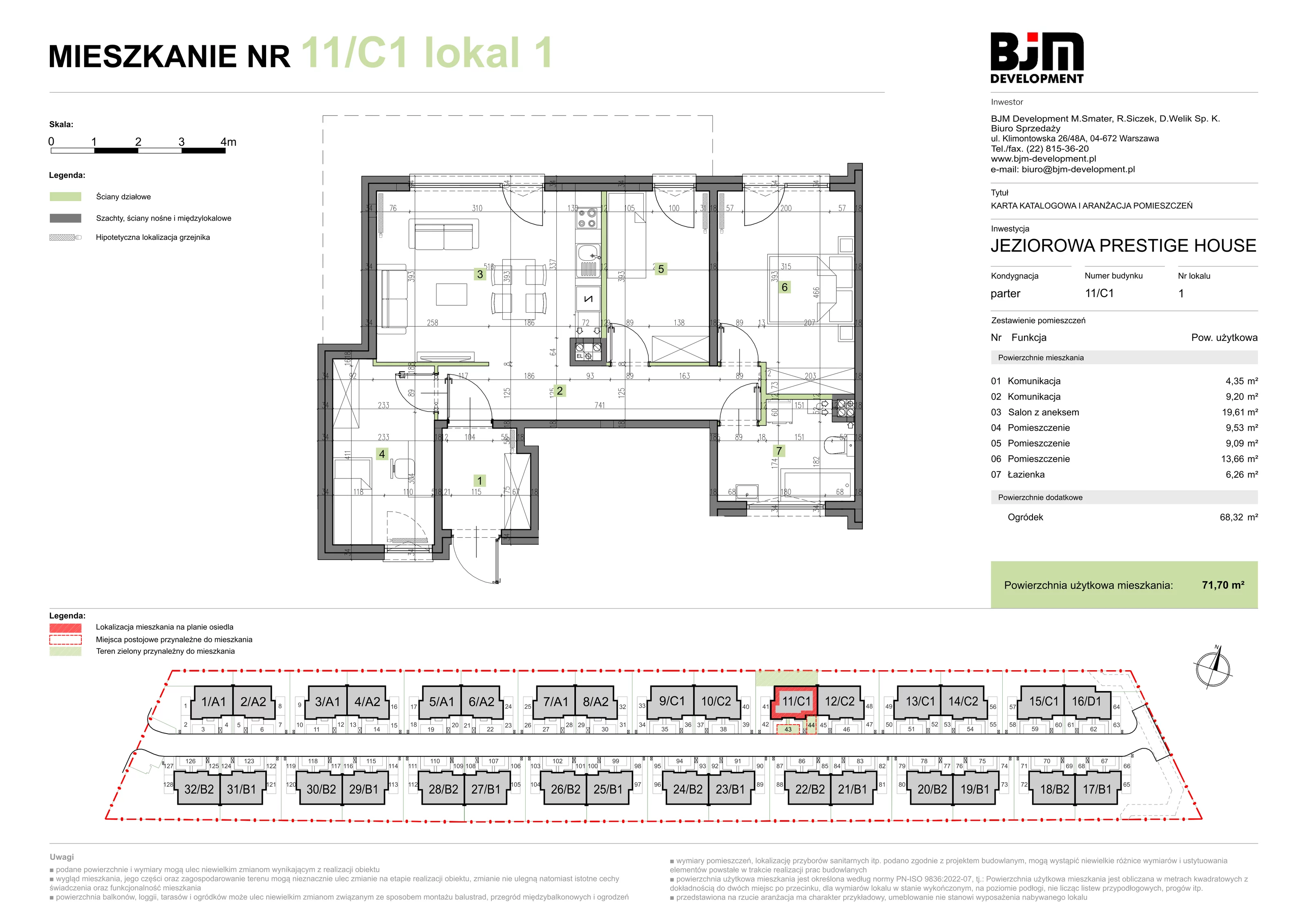 4 pokoje, mieszkanie 71,70 m², parter, oferta nr 11/C1/1, Jeziorowa Prestige House, Warszawa, Wawer, Zerzeń, ul. Jeziorowa