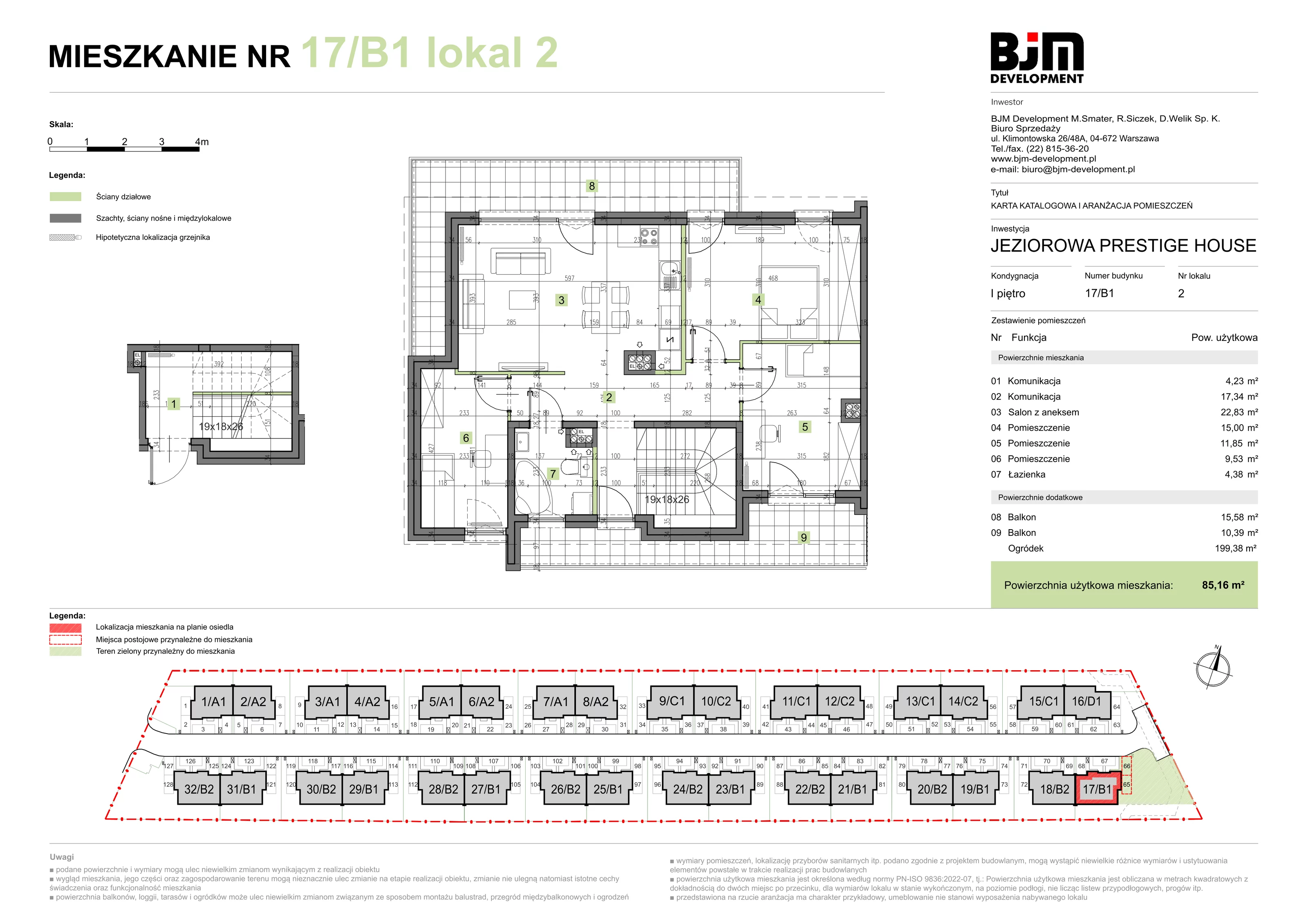 4 pokoje, mieszkanie 85,16 m², piętro 1, oferta nr 17/B1/2, Jeziorowa Prestige House, Warszawa, Wawer, Zerzeń, ul. Jeziorowa