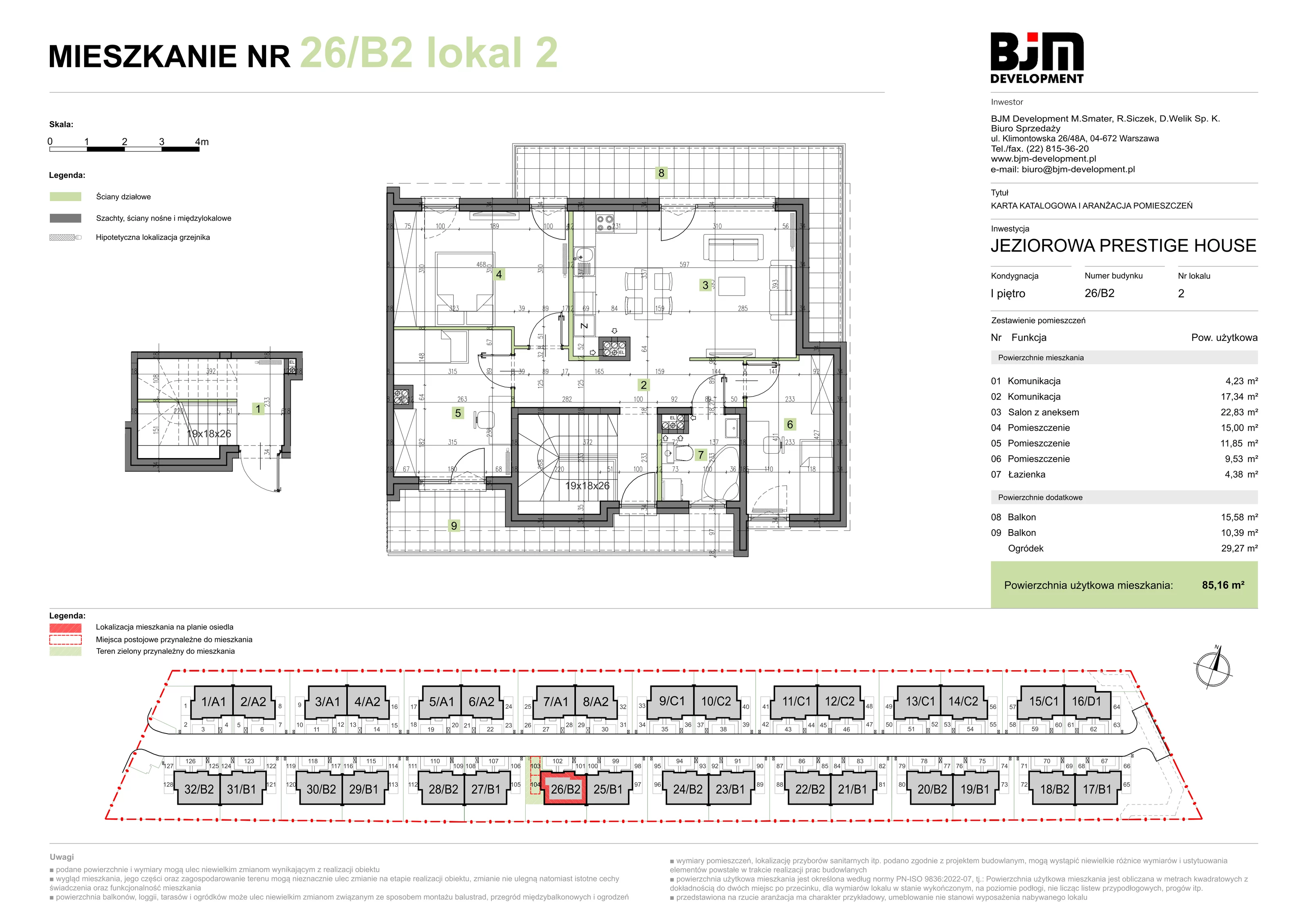 4 pokoje, mieszkanie 85,16 m², piętro 1, oferta nr 26/B2/2, Jeziorowa Prestige House, Warszawa, Wawer, Zerzeń, ul. Jeziorowa