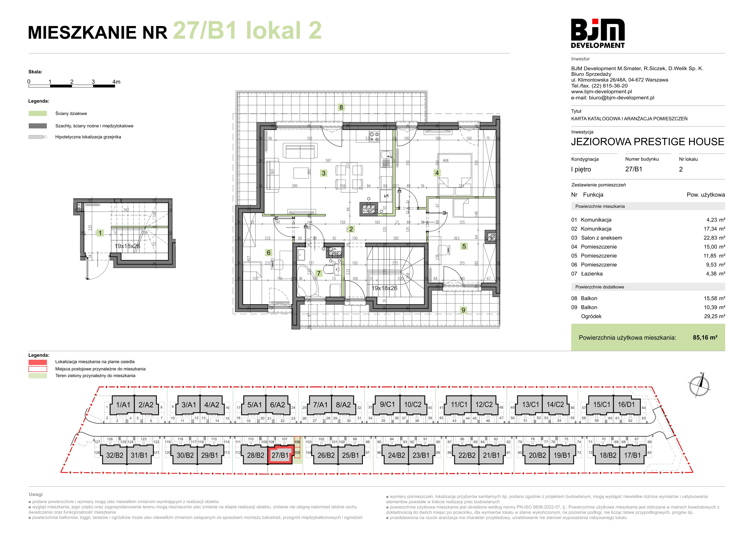 4 pokoje, mieszkanie 85,16 m², piętro 1, oferta nr 27/B1/2, Jeziorowa Prestige House, Warszawa, Wawer, Zerzeń, ul. Jeziorowa