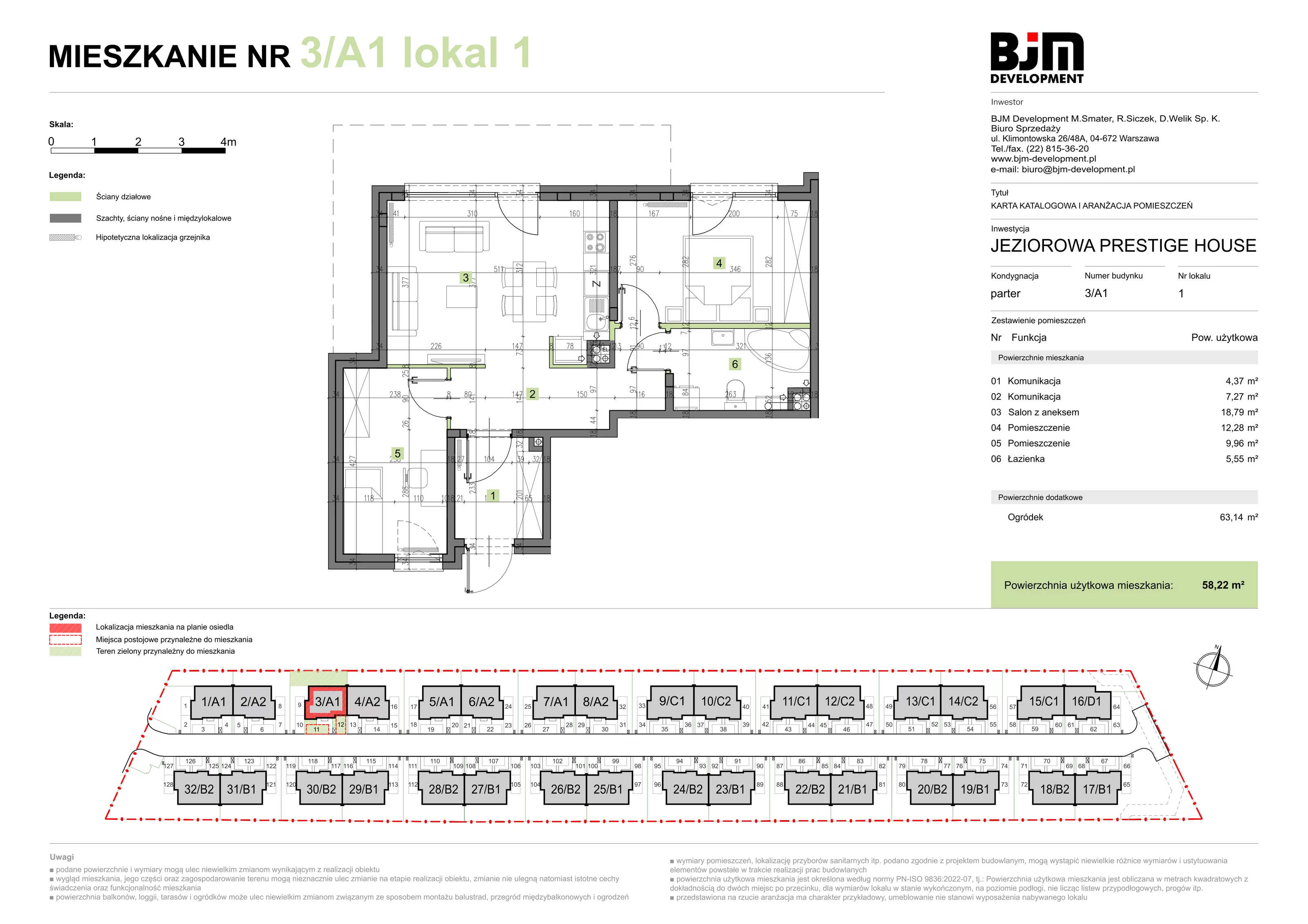 3 pokoje, mieszkanie 58,22 m², parter, oferta nr 3/A1/1, Jeziorowa Prestige House, Warszawa, Wawer, Zerzeń, ul. Jeziorowa