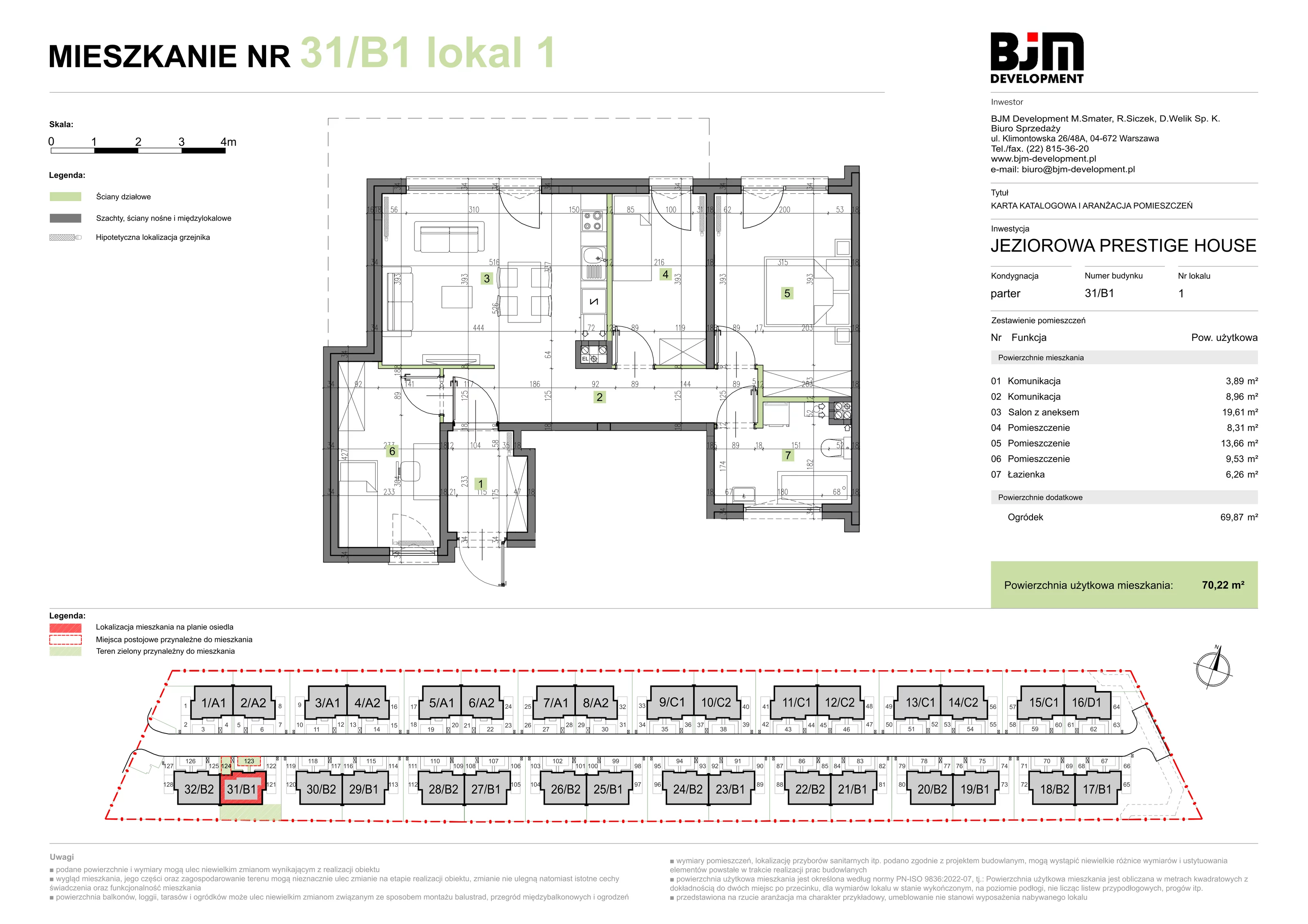 4 pokoje, mieszkanie 70,22 m², parter, oferta nr 31/B1/1, Jeziorowa Prestige House, Warszawa, Wawer, Zerzeń, ul. Jeziorowa