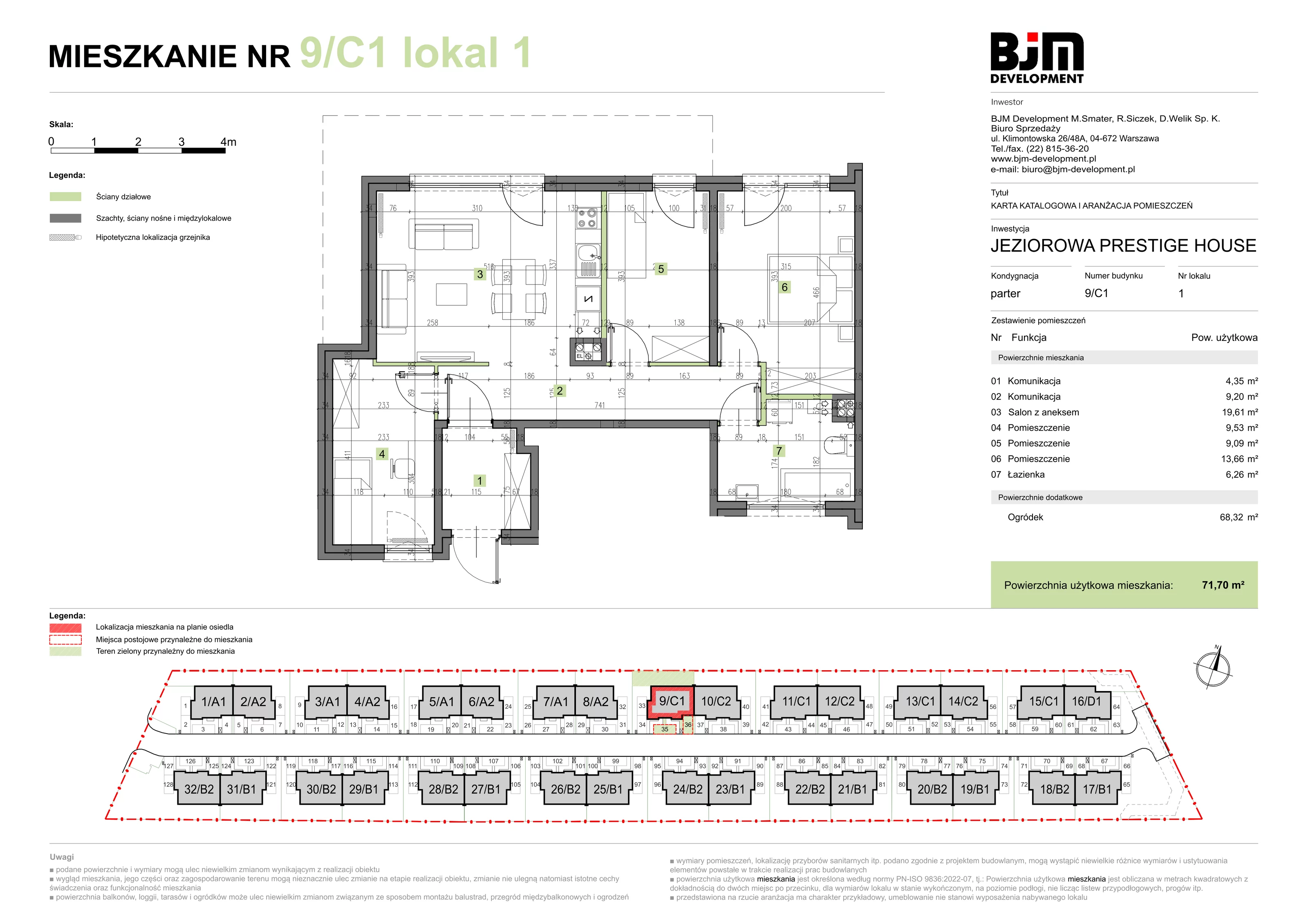 4 pokoje, mieszkanie 71,70 m², parter, oferta nr 9/C1/1, Jeziorowa Prestige House, Warszawa, Wawer, Zerzeń, ul. Jeziorowa