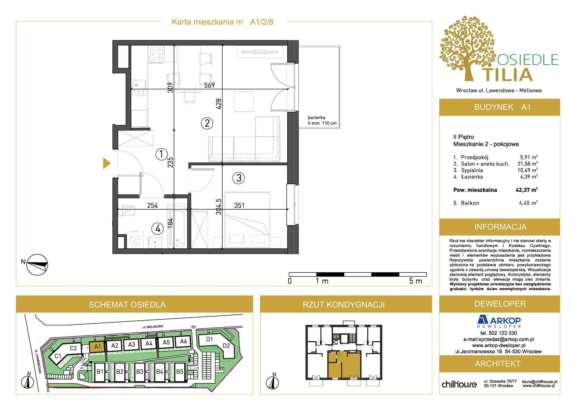Mieszkanie 42,37 m², piętro 2, oferta nr A1/2/8, Osiedle Tilia, Wrocław, Lipa Piotrowska, Psie Pole, ul. Lawendowa/Melisowa