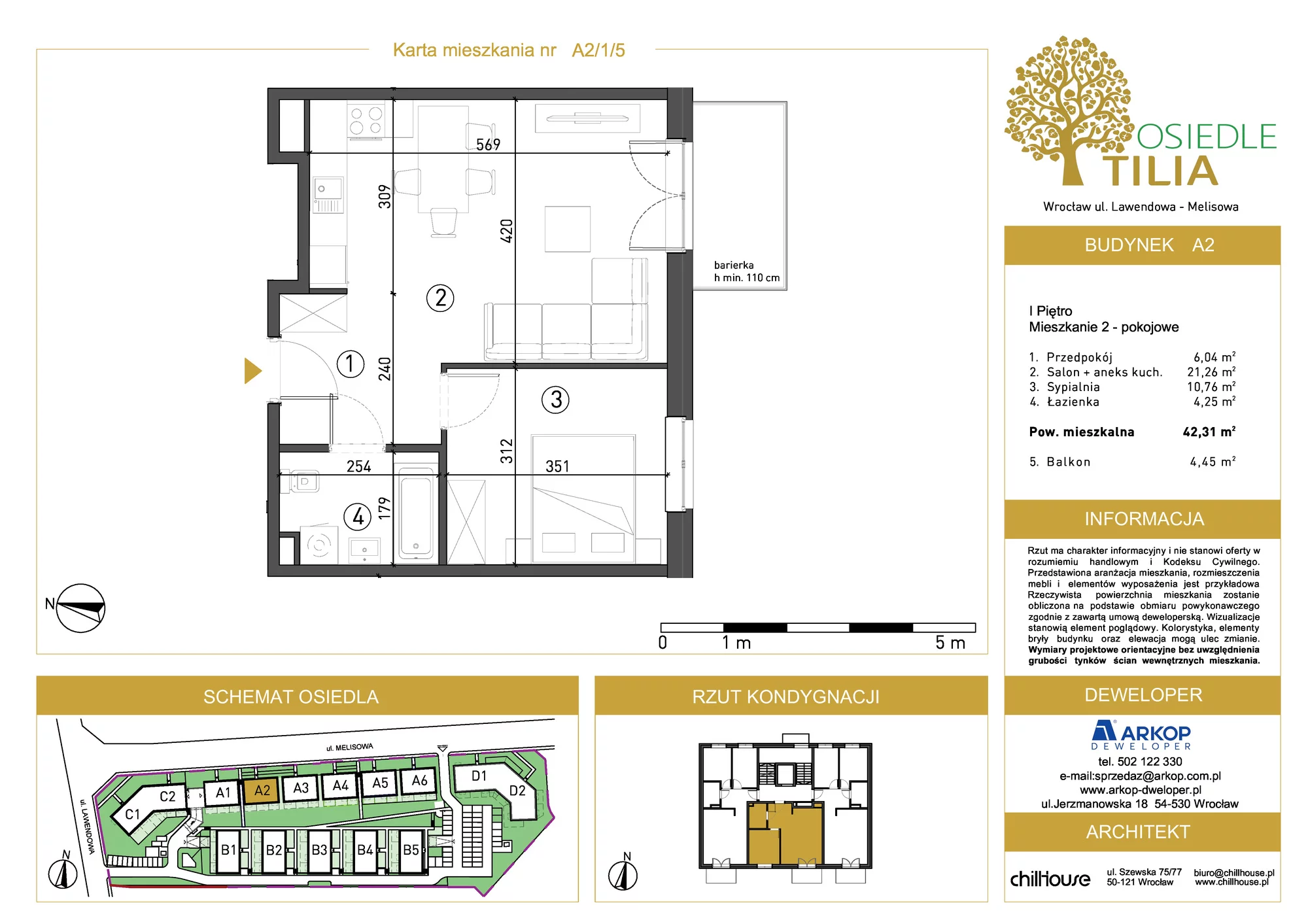 Mieszkanie 42,31 m², piętro 1, oferta nr A2/1/5, Osiedle Tilia, Wrocław, Lipa Piotrowska, Psie Pole, ul. Lawendowa/Melisowa