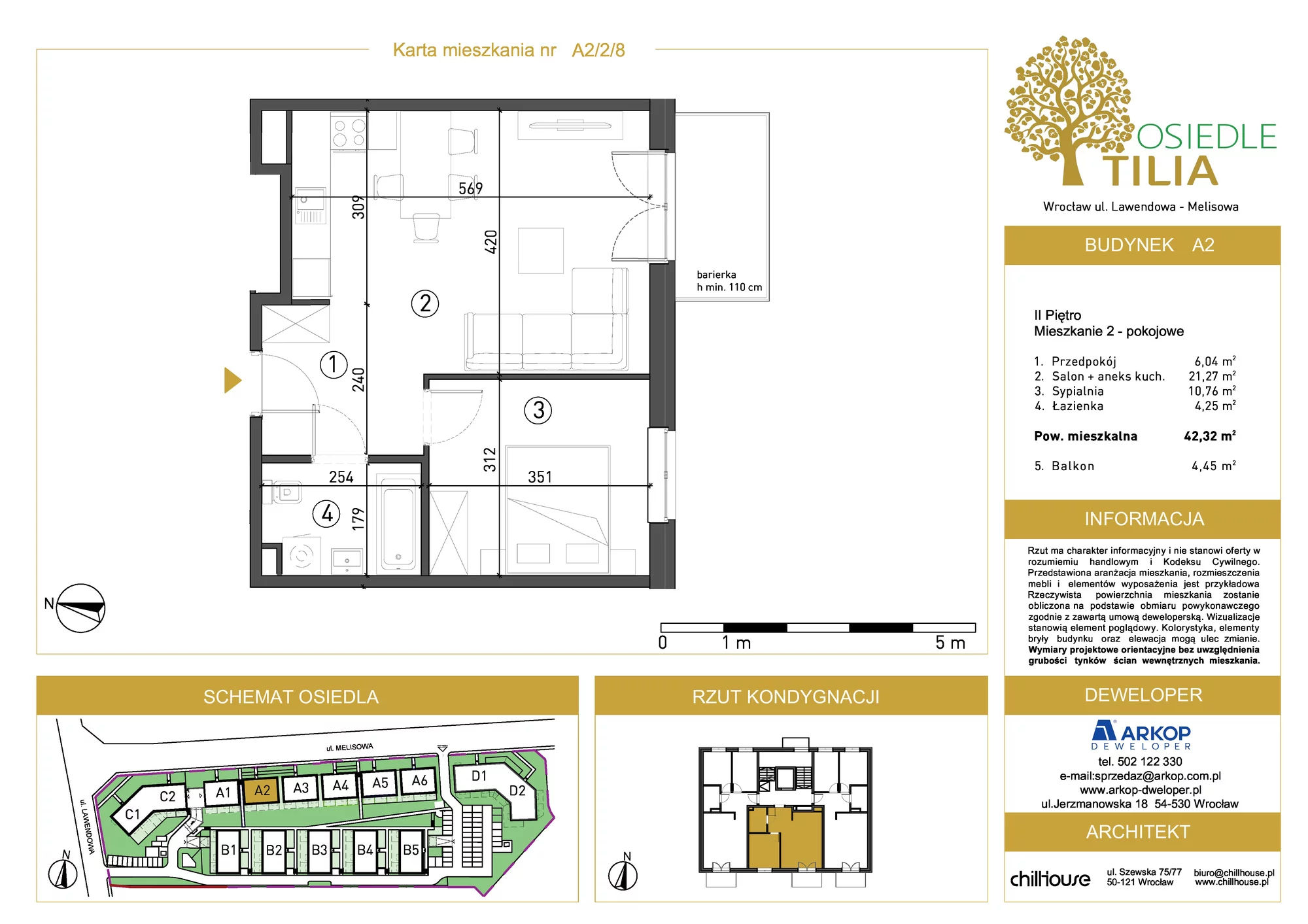 Mieszkanie 42,32 m², piętro 2, oferta nr A2/2/8, Osiedle Tilia, Wrocław, Lipa Piotrowska, Psie Pole, ul. Lawendowa/Melisowa