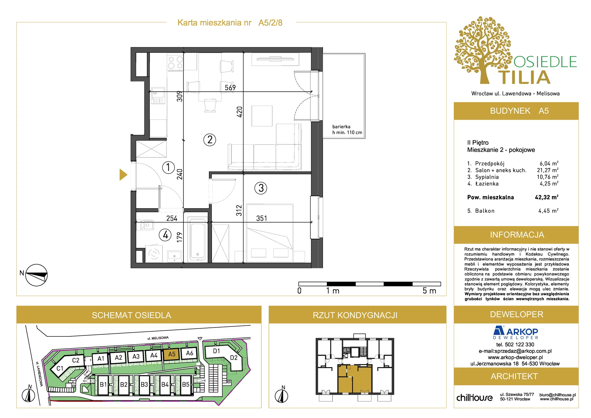 Mieszkanie 42,32 m², piętro 2, oferta nr A5/2/8, Osiedle Tilia, Wrocław, Lipa Piotrowska, Psie Pole, ul. Lawendowa/Melisowa