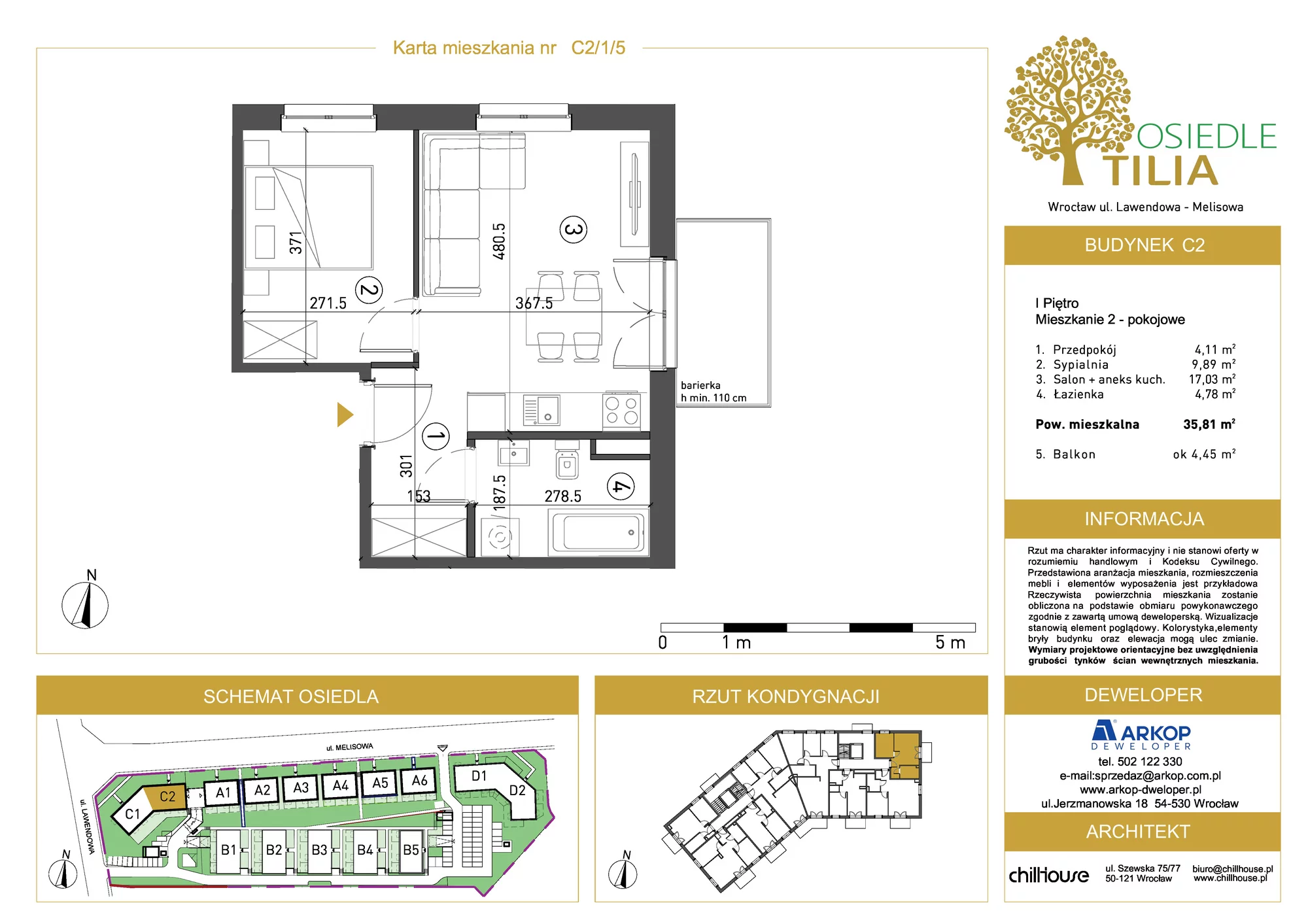 Mieszkanie 35,81 m², piętro 1, oferta nr C2/1/5, Osiedle Tilia, Wrocław, Lipa Piotrowska, Psie Pole, ul. Lawendowa/Melisowa