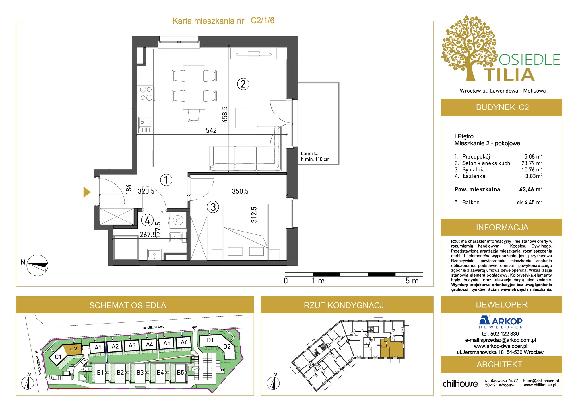 Mieszkanie 43,46 m², piętro 1, oferta nr C2/1/6, Osiedle Tilia, Wrocław, Lipa Piotrowska, Psie Pole, ul. Lawendowa/Melisowa