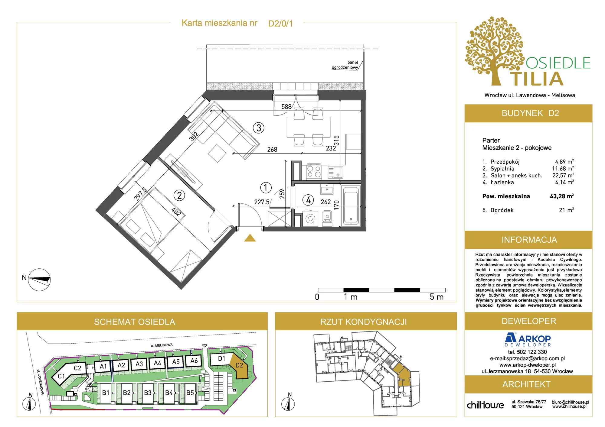 Mieszkanie 43,28 m², parter, oferta nr D2/0/1, Osiedle Tilia, Wrocław, Lipa Piotrowska, Psie Pole, ul. Lawendowa/Melisowa