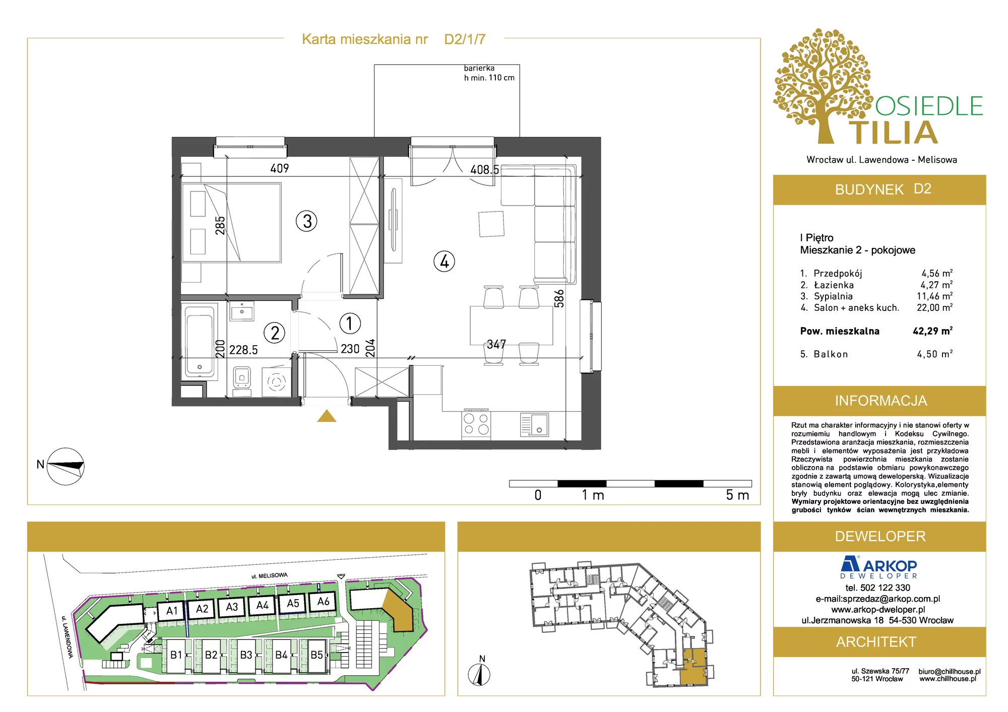 Mieszkanie 42,29 m², piętro 1, oferta nr D2/1/7, Osiedle Tilia, Wrocław, Lipa Piotrowska, Psie Pole, ul. Lawendowa/Melisowa
