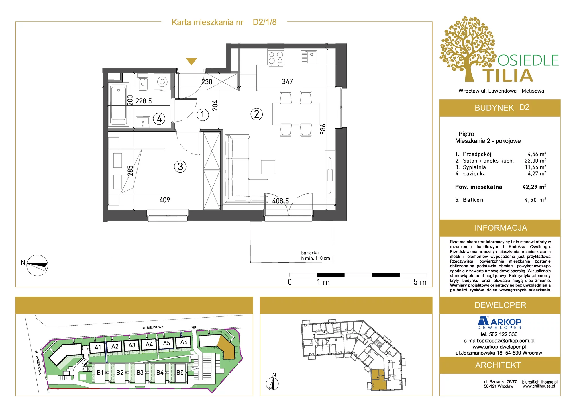 Mieszkanie 42,29 m², piętro 1, oferta nr D2/1/8, Osiedle Tilia, Wrocław, Lipa Piotrowska, Psie Pole, ul. Lawendowa/Melisowa