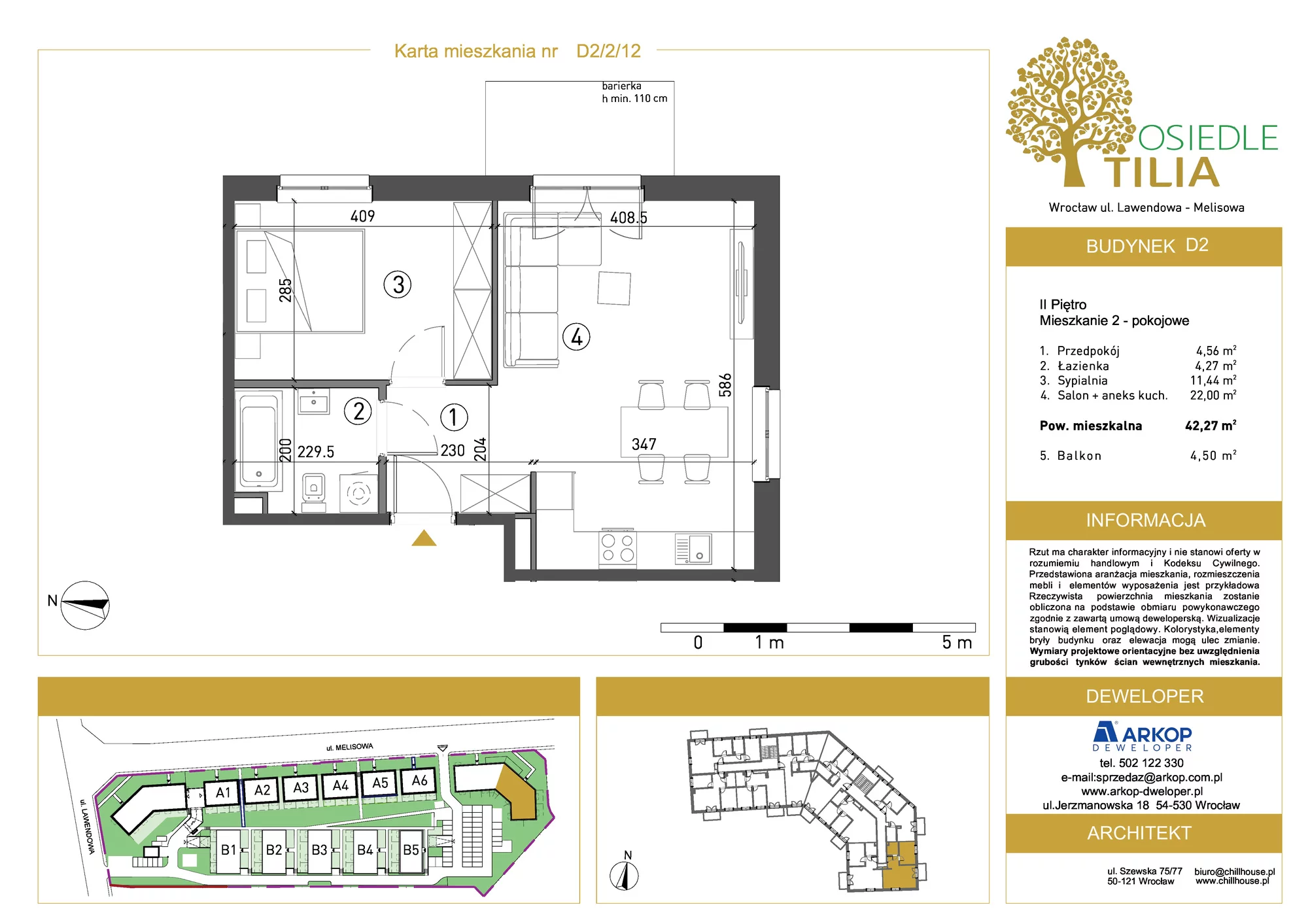Mieszkanie 42,27 m², piętro 2, oferta nr D2/2/12, Osiedle Tilia, Wrocław, Lipa Piotrowska, Psie Pole, ul. Lawendowa/Melisowa