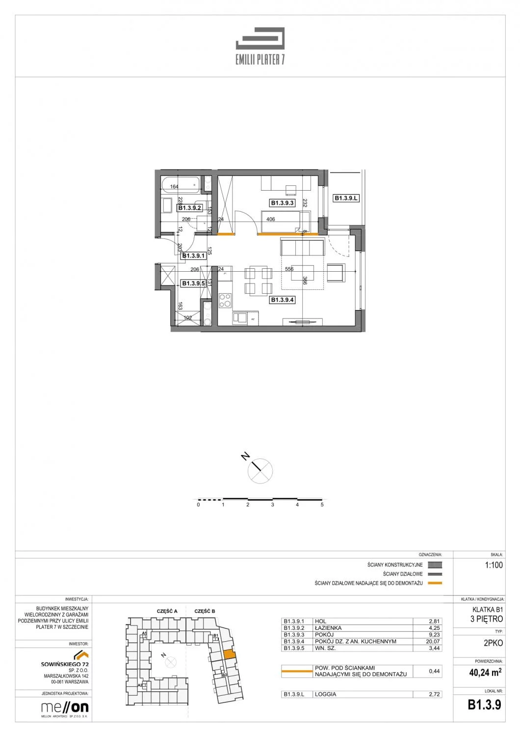 Apartament 40,24 m², piętro 3, oferta nr B1.3.9, Emilii Plater 7, Szczecin, Północ, Drzetowo-Grabowo, ul. Emilii Plater 7