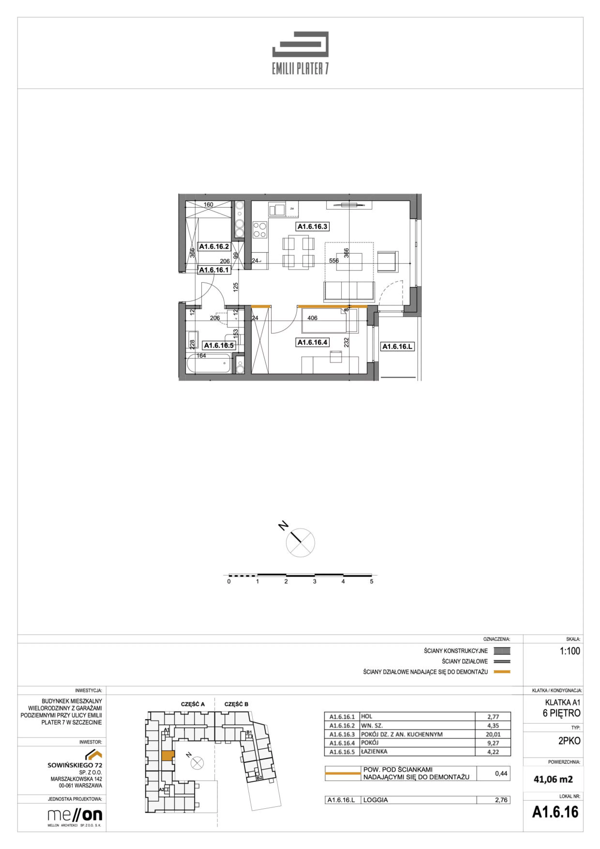 2 pokoje, mieszkanie 41,06 m², piętro 6, oferta nr A1.6.16, Emilii Plater 7, Szczecin, Śródmieście, Skolwin, ul. Miedziana 4