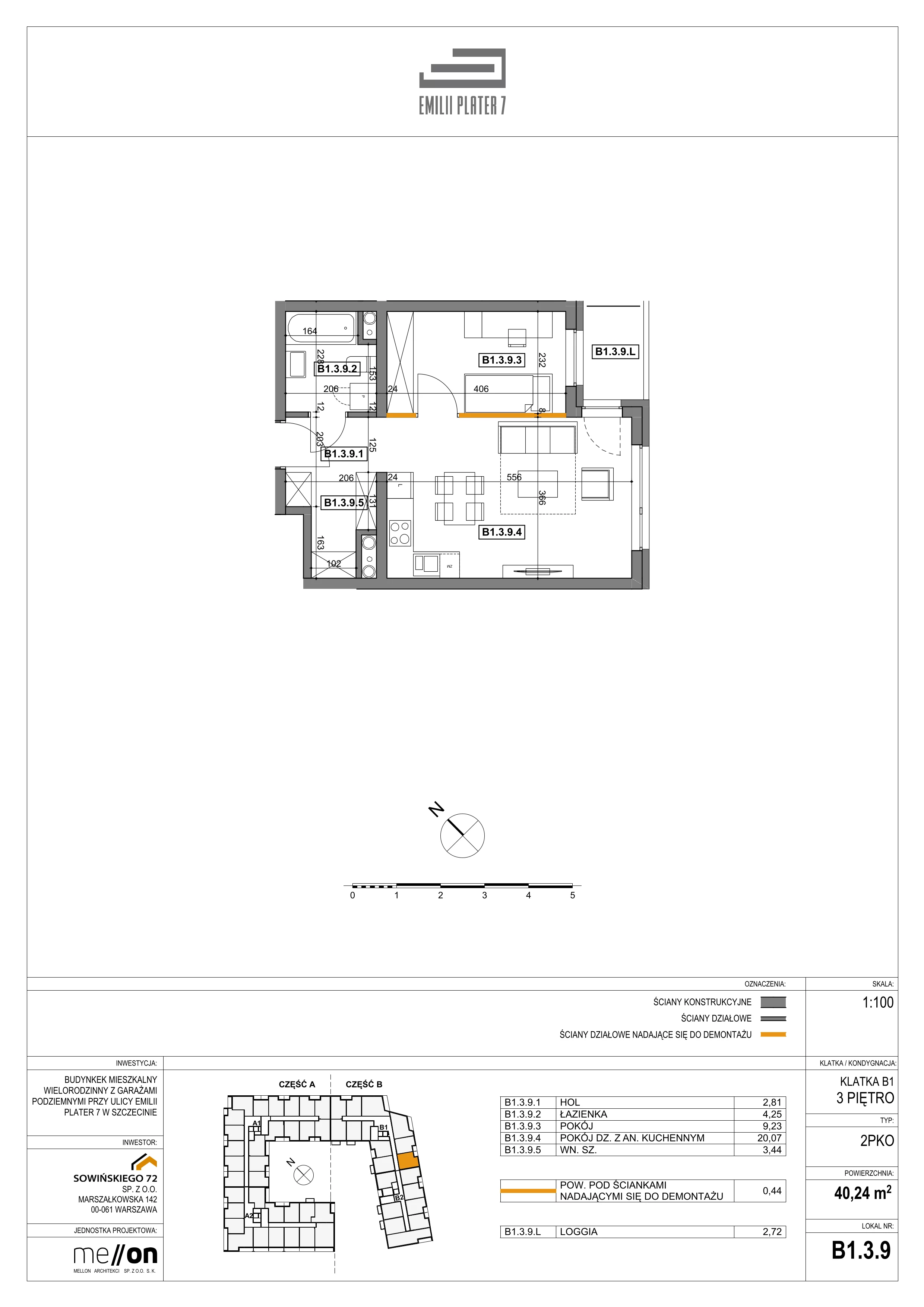 2 pokoje, mieszkanie 40,24 m², piętro 3, oferta nr B1.3.9, Emilii Plater 7, Szczecin, Śródmieście, Skolwin, ul. Miedziana 4