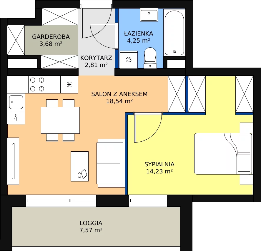 Zalety apartamentu 44.51 m², A1.3.14