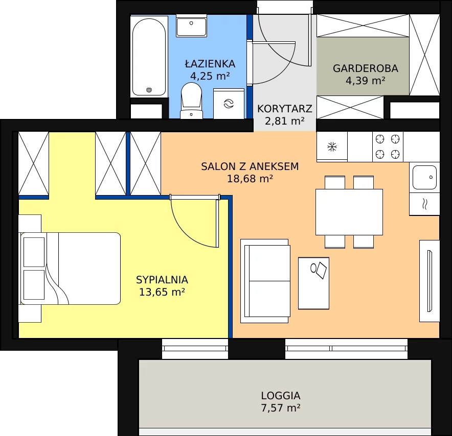 Zalety apartamentu 44.5 m², A2.3.1