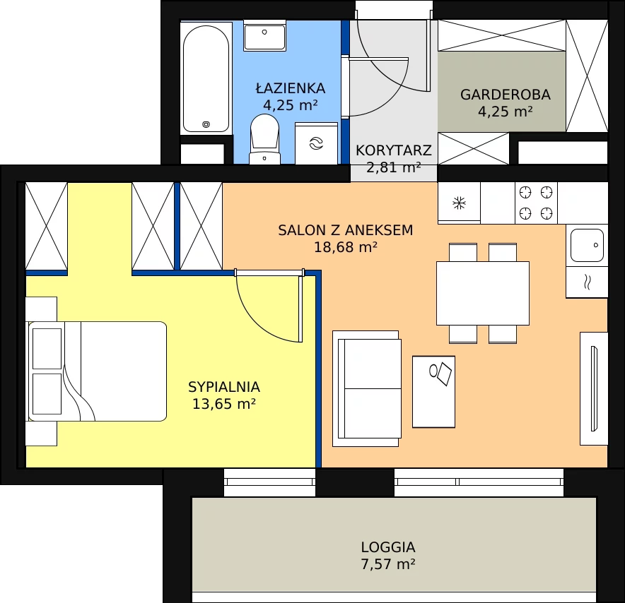 Zalety mieszkania 44.49 m², A2.6.1